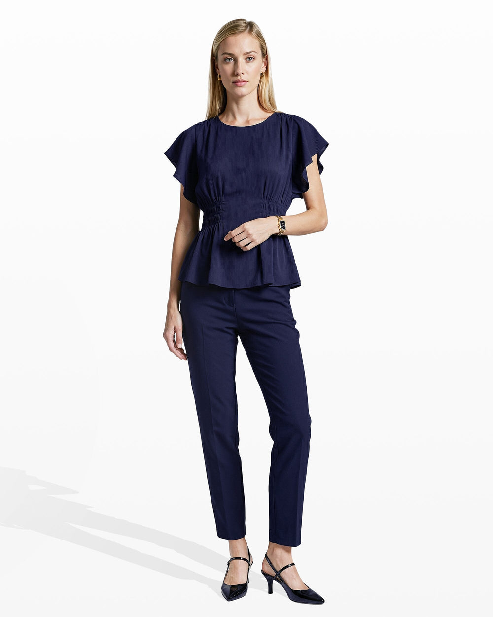 Smocked Waist Flutter Sleeve Blouse - Anne Klein DISTANT MOUNTAIN