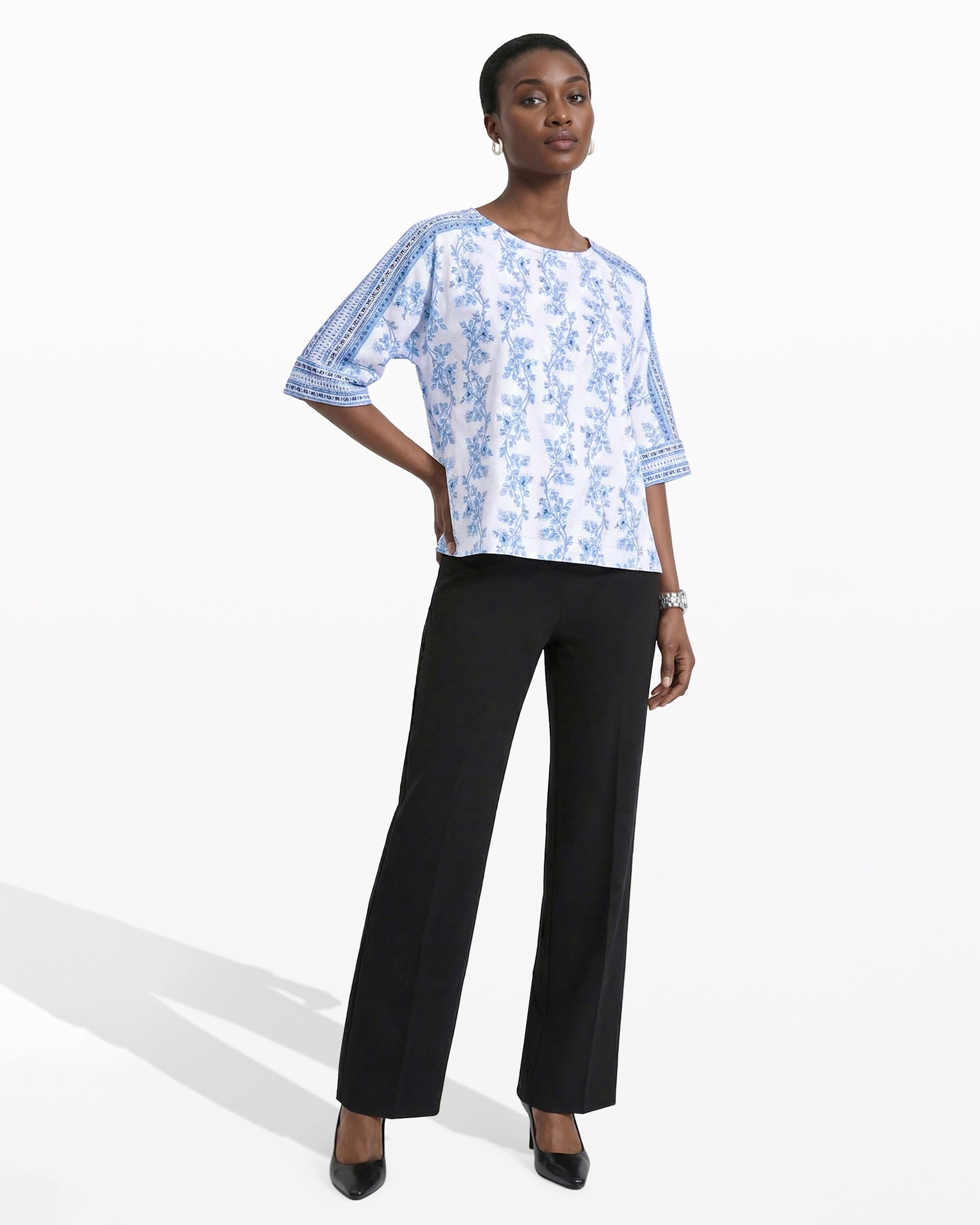 Three-Quarter Sleeve Bateau Neck Top - Anne Klein CRISP WHITE MLT