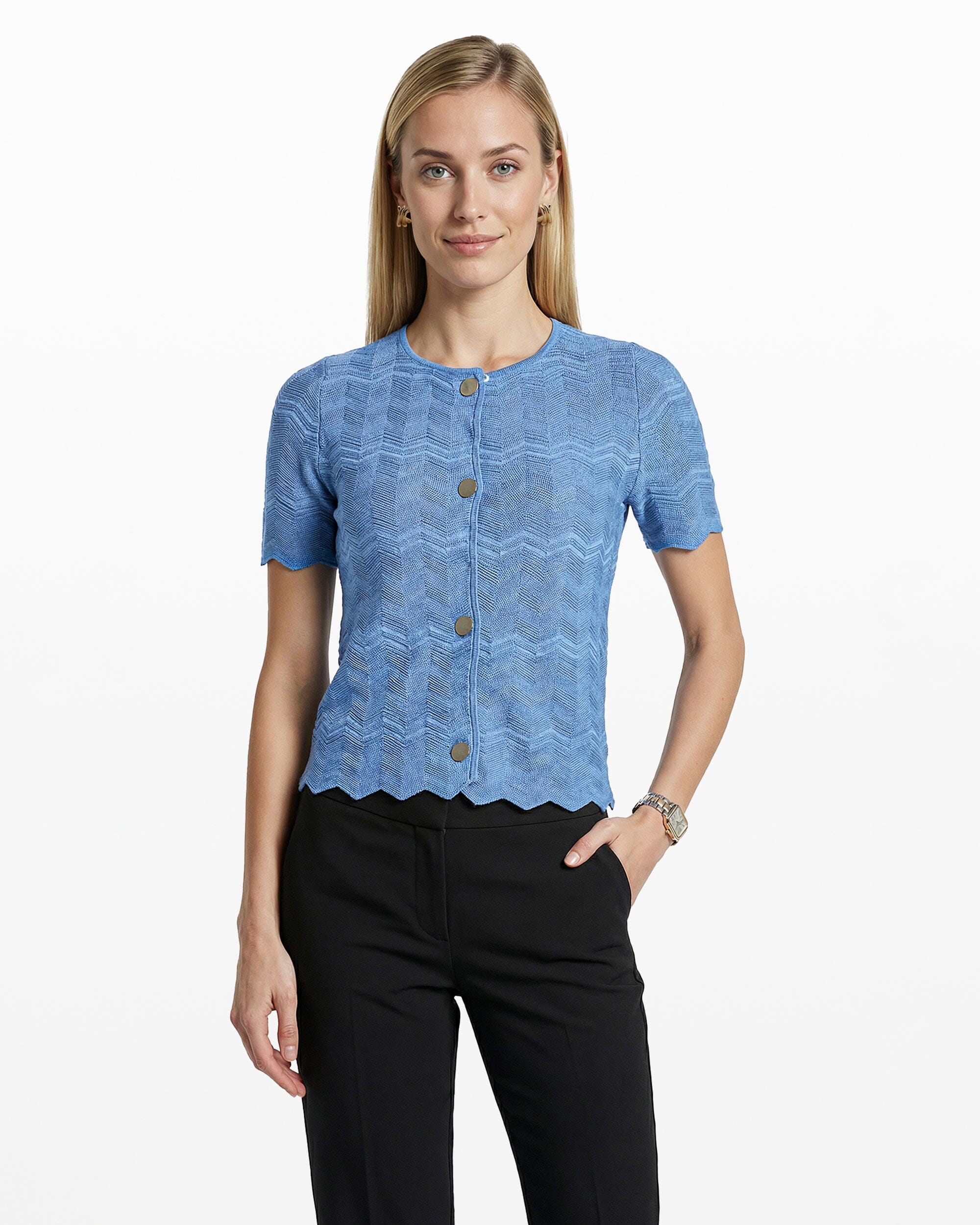 Button Front Zigzag Pointelle Cardigan - Anne Klein LAGOON