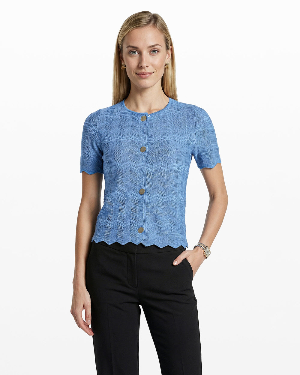 Button Front Zigzag Pointelle Cardigan - Anne Klein LAGOON