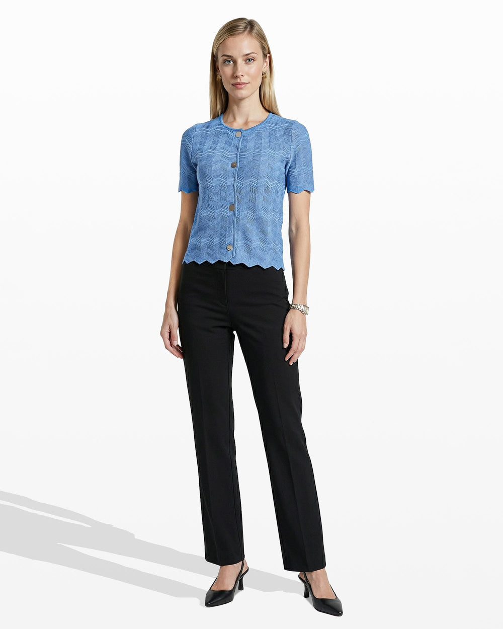 Button Front Zigzag Pointelle Cardigan - Anne Klein LAGOON