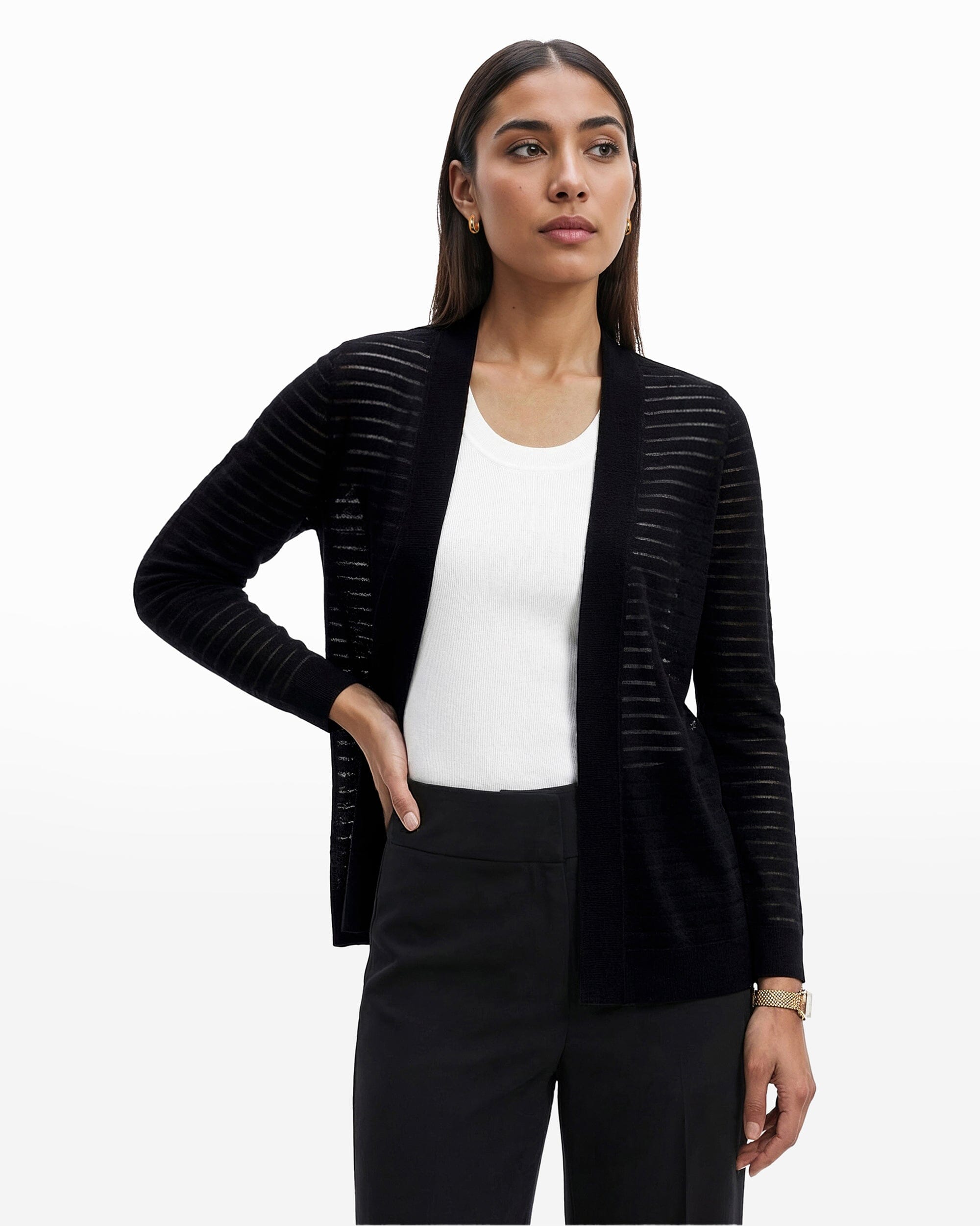Sheer Stripe Open Front Cardigan - Anne Klein ANNE BLACK