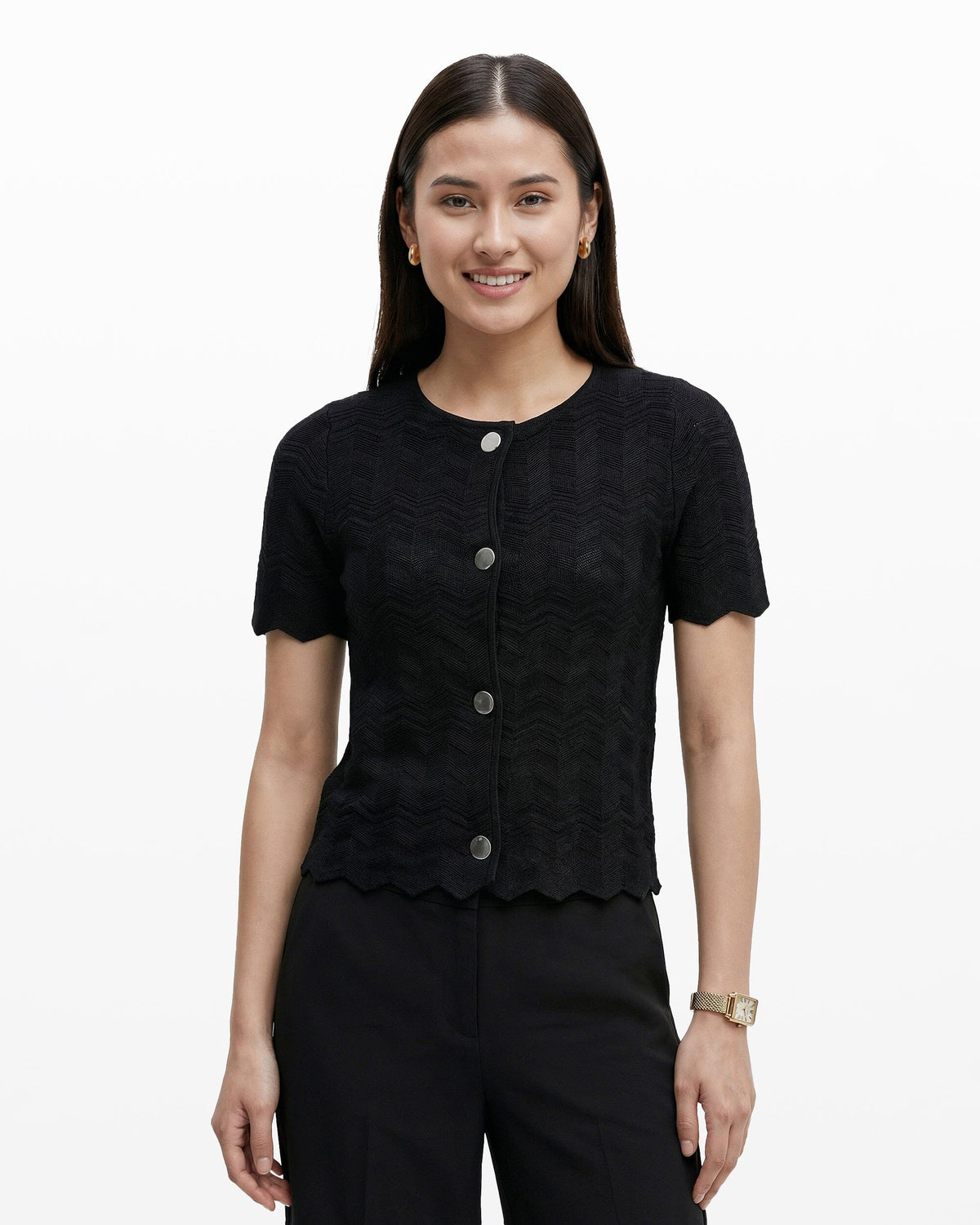 Button Front Zigzag Pointelle Cardigan - Anne Klein ANNE BLACK