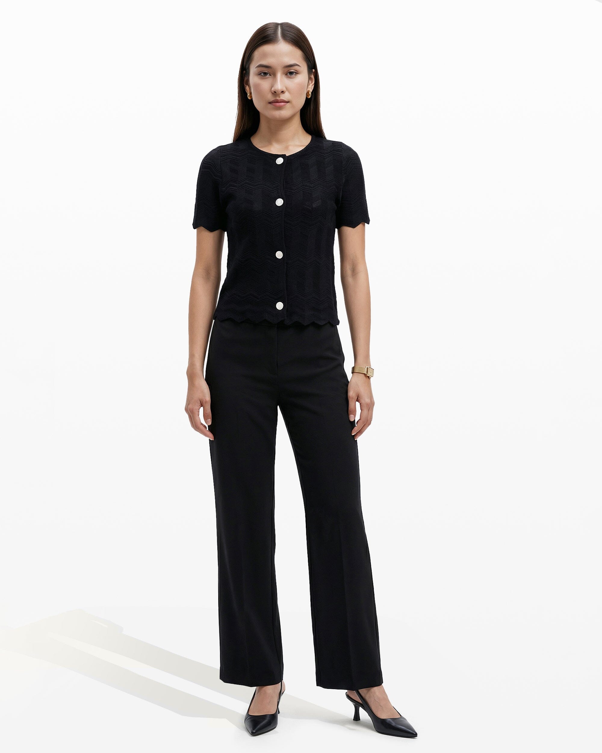 Button Front Zigzag Pointelle Cardigan - Anne Klein ANNE BLACK