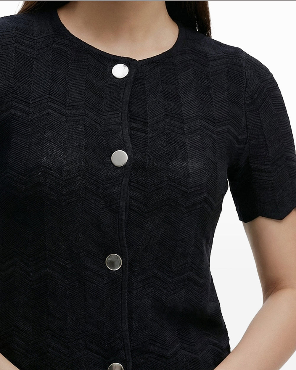 Button Front Zigzag Pointelle Cardigan - Anne Klein ANNE BLACK