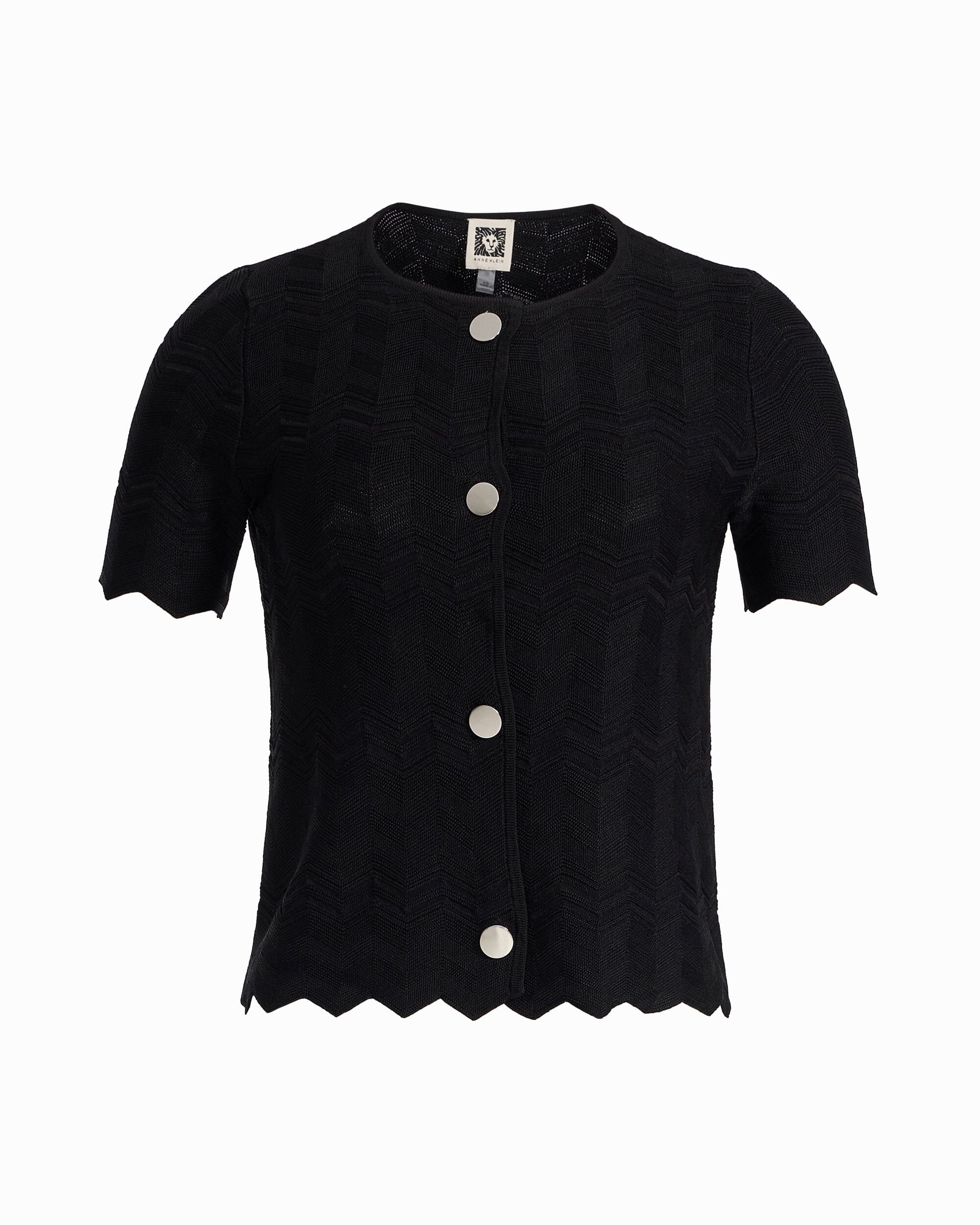 Button Front Zigzag Pointelle Cardigan - Anne Klein ANNE BLACK