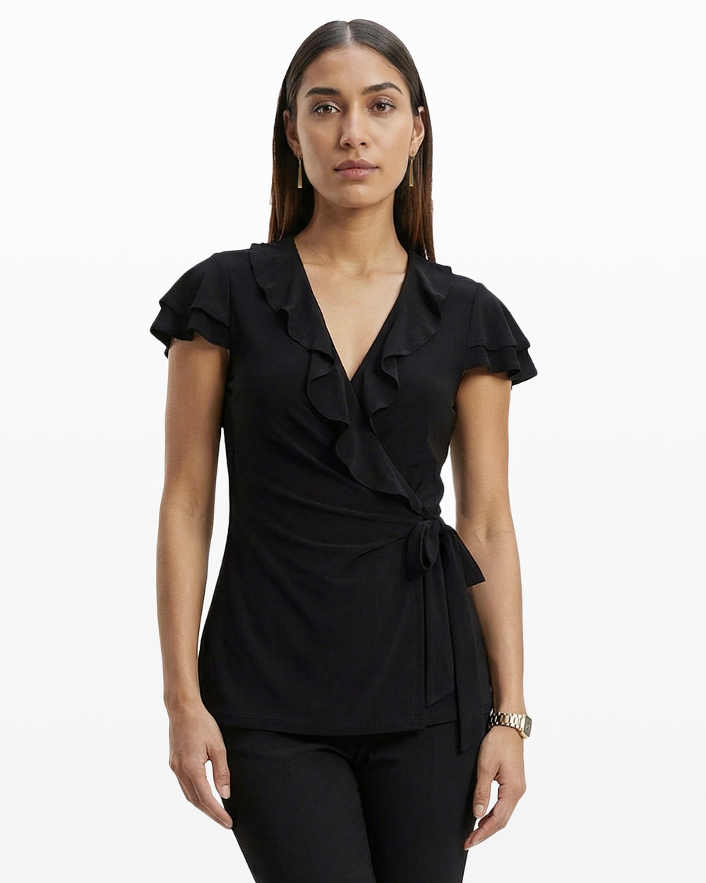 Flutter Sleeve Wrap Top with Ruffle - Anne Klein ANNE BLACK