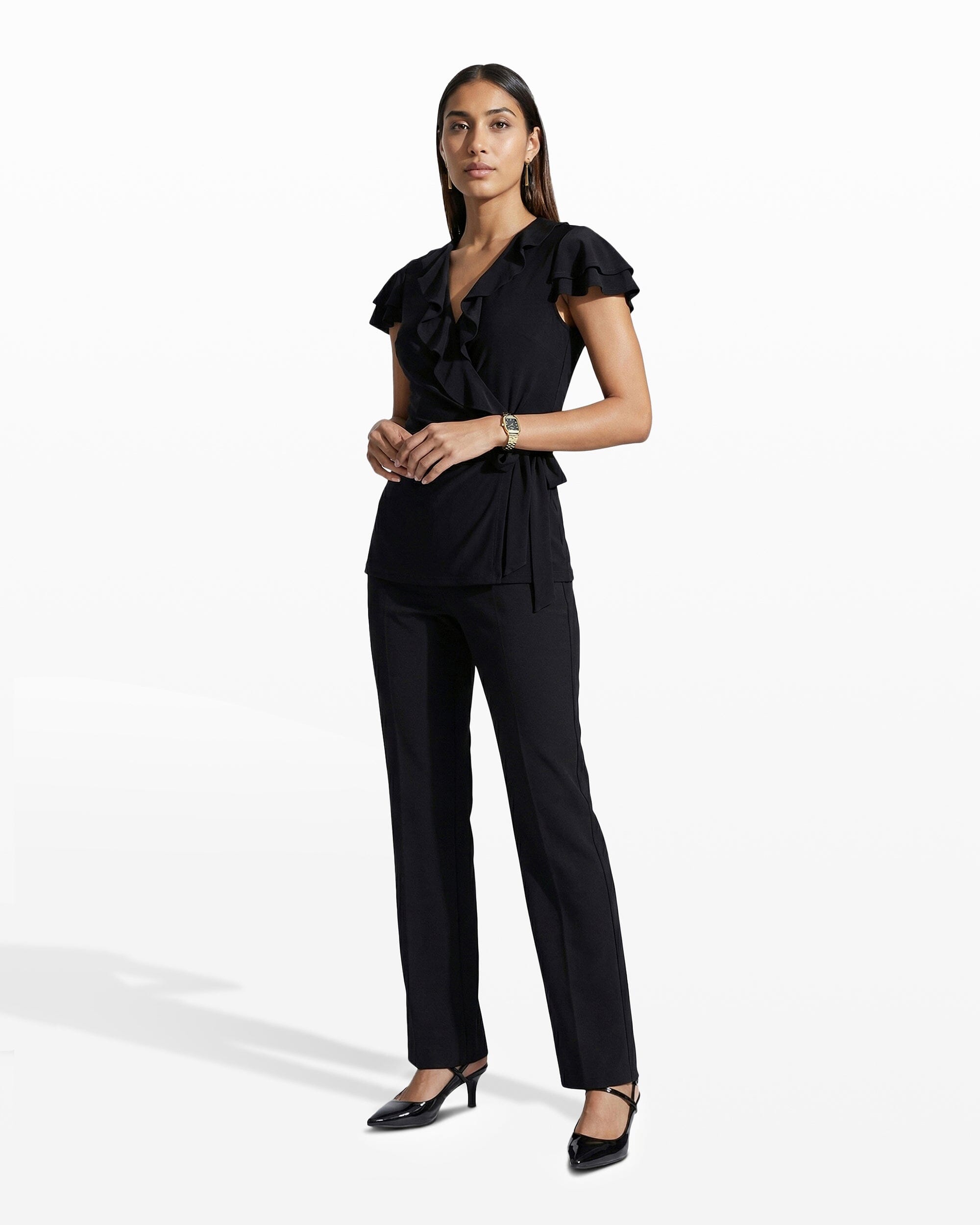 Flutter Sleeve Wrap Top with Ruffle - Anne Klein ANNE BLACK