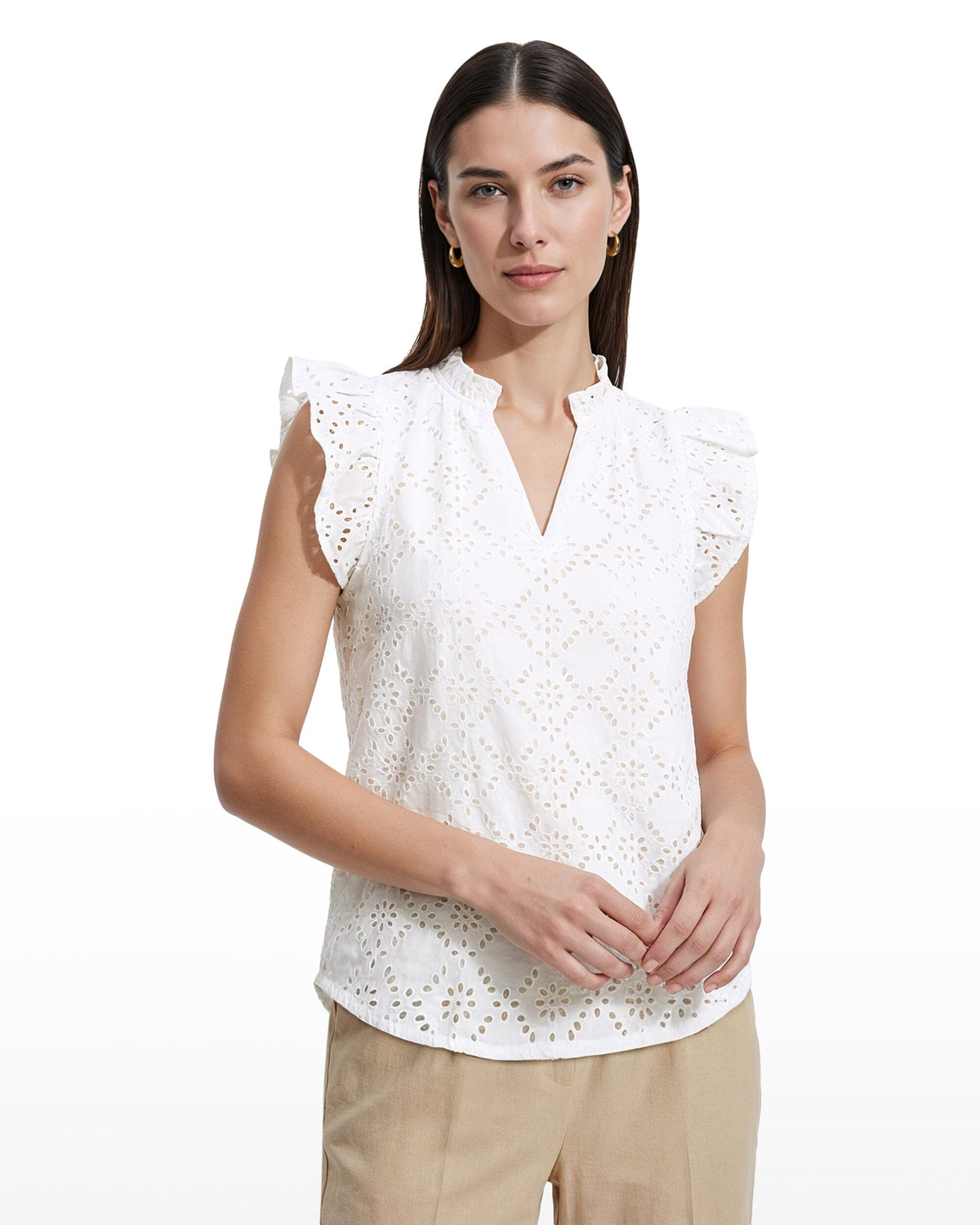 V-Neck Flutter Sleeve Blouse - Anne Klein CRISP WHITE