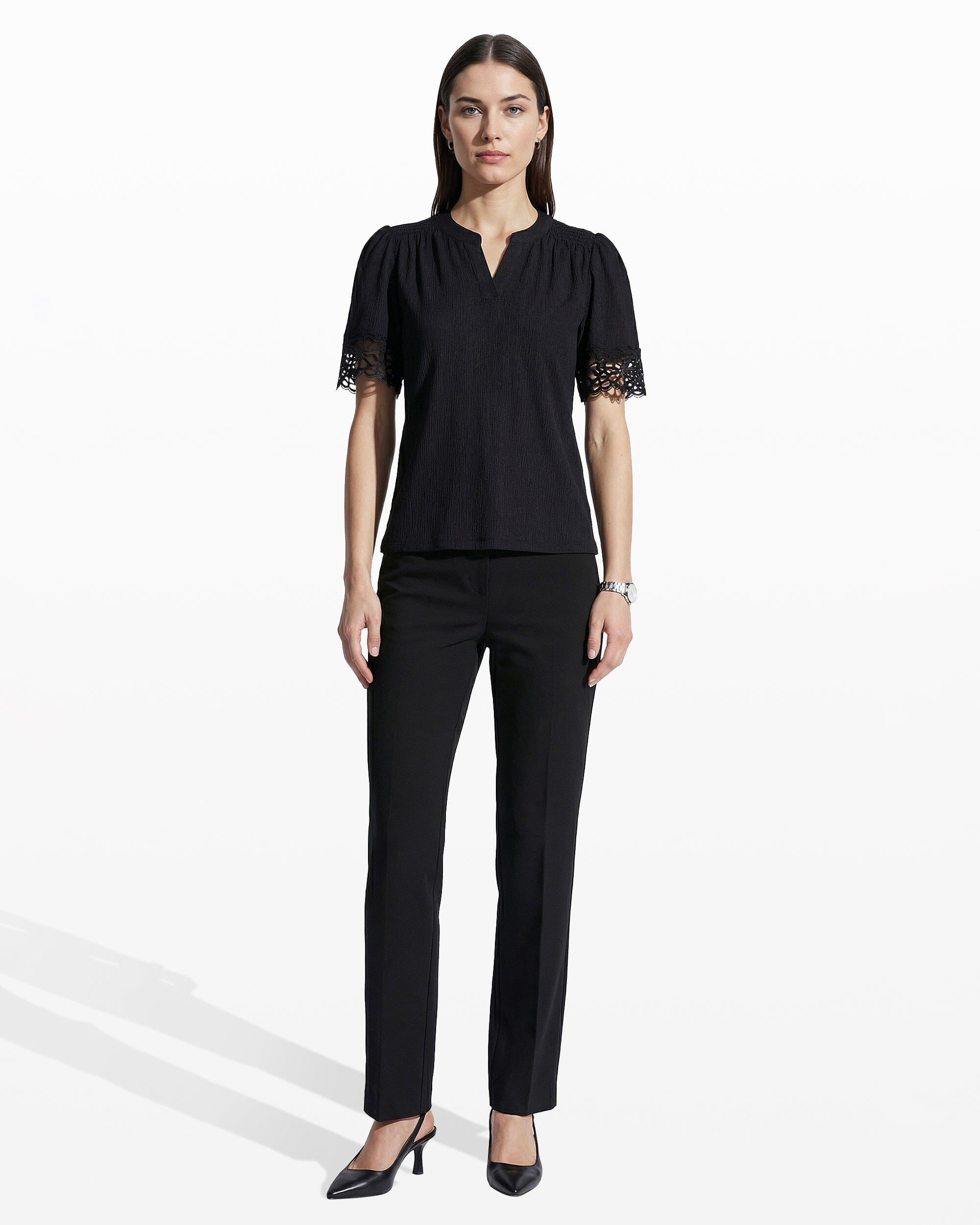 Elbow Split Neck Top with Lace - Anne Klein ANNE BLACK