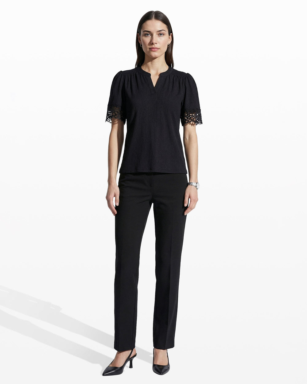 Elbow Split Neck Top with Lace - Anne Klein ANNE BLACK