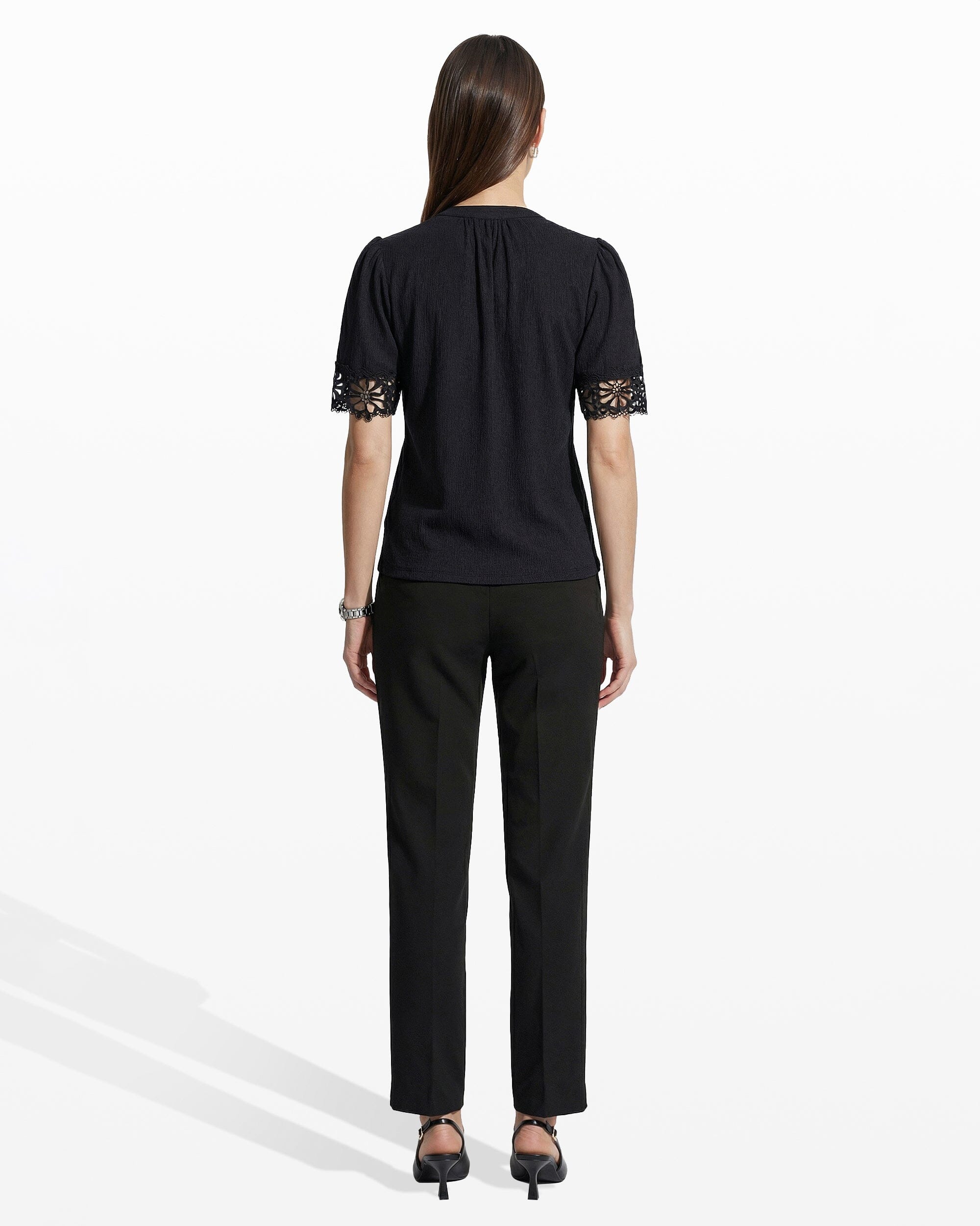 Elbow Split Neck Top with Lace - Anne Klein ANNE BLACK