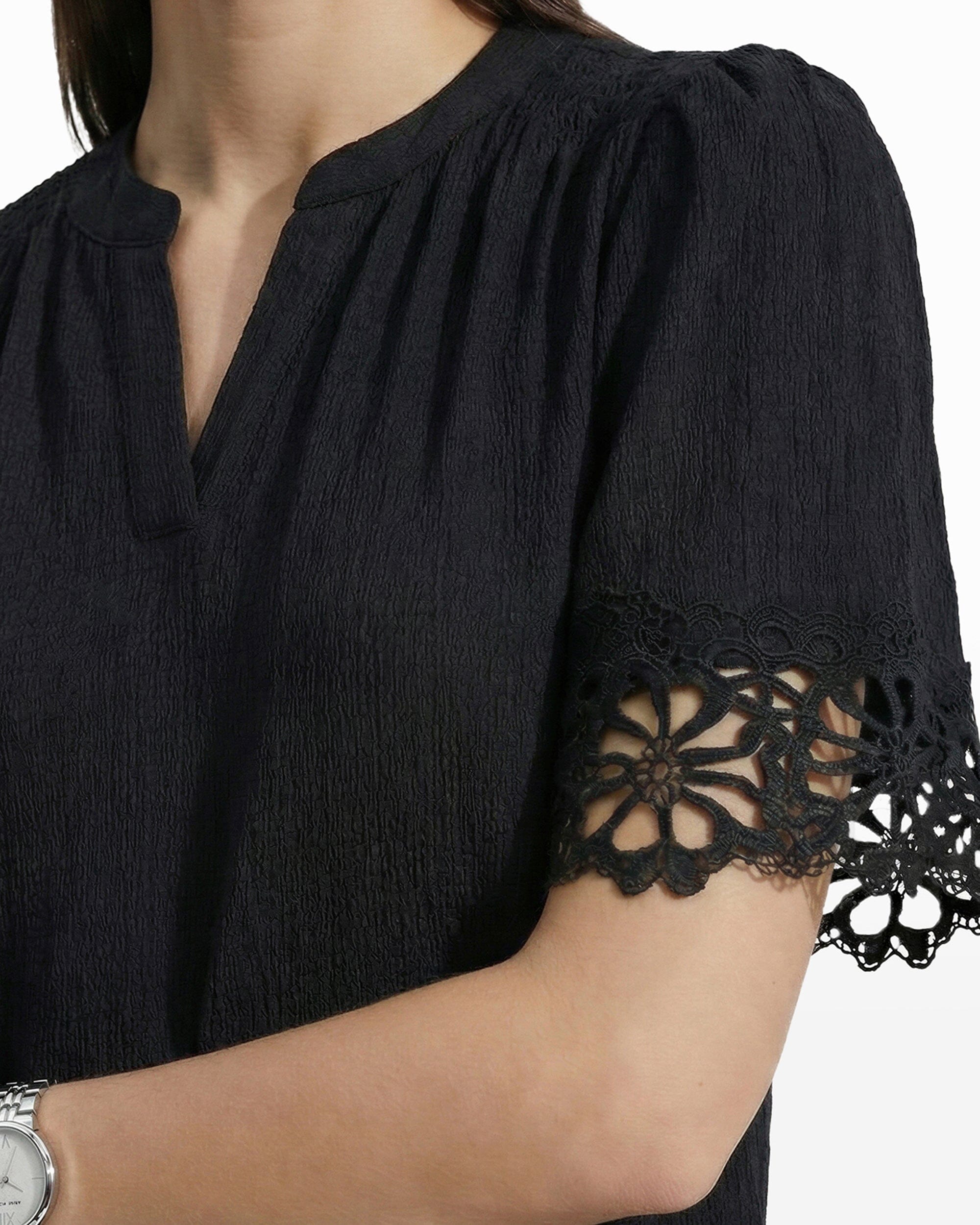Elbow Split Neck Top with Lace - Anne Klein ANNE BLACK