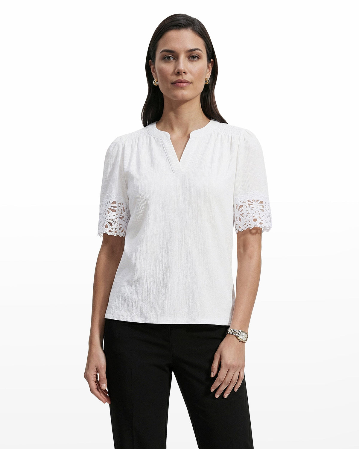 Elbow Split Neck Lace Top - Anne Klein CRISP WHITE
