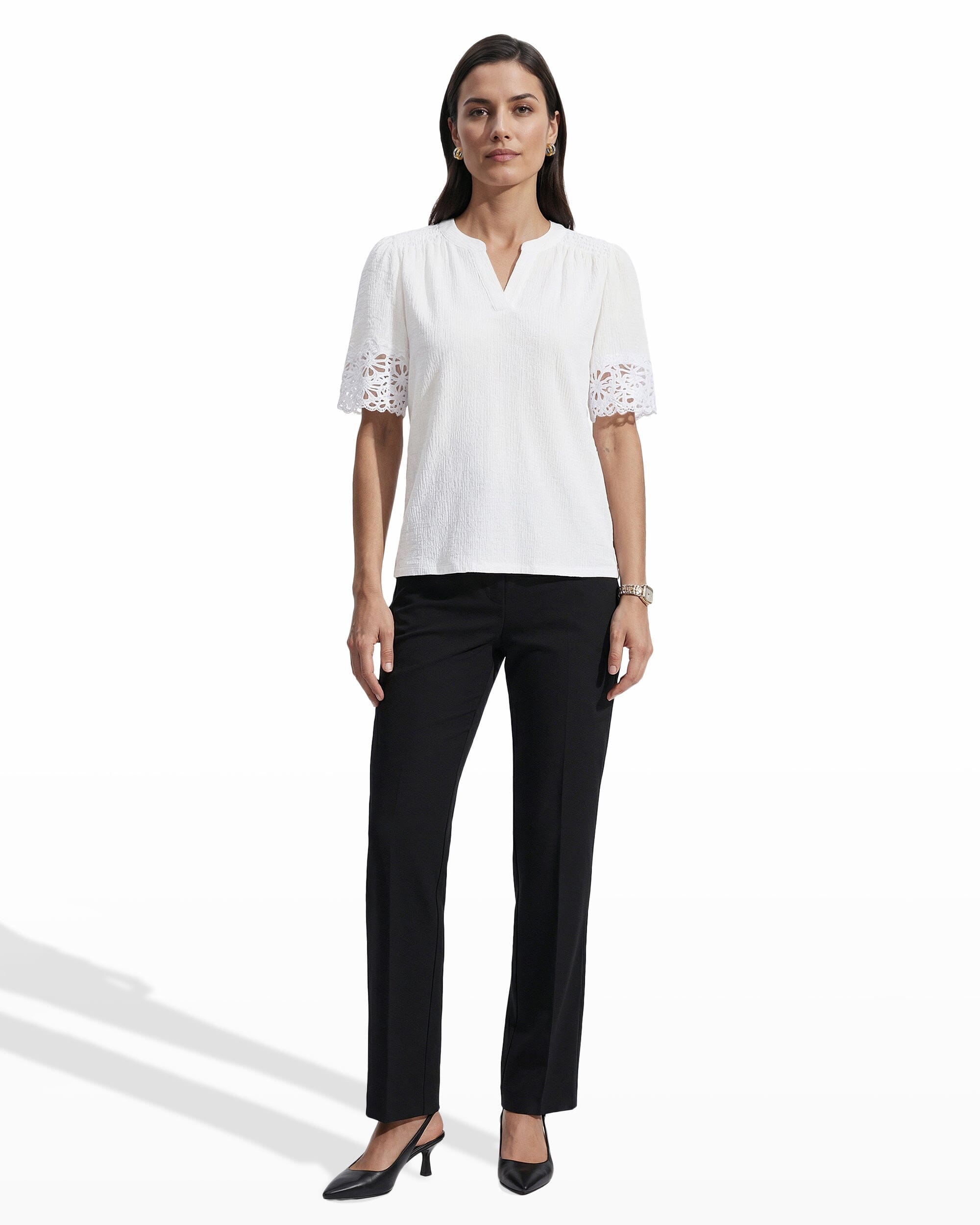 Elbow Split Neck Lace Top - Anne Klein CRISP WHITE