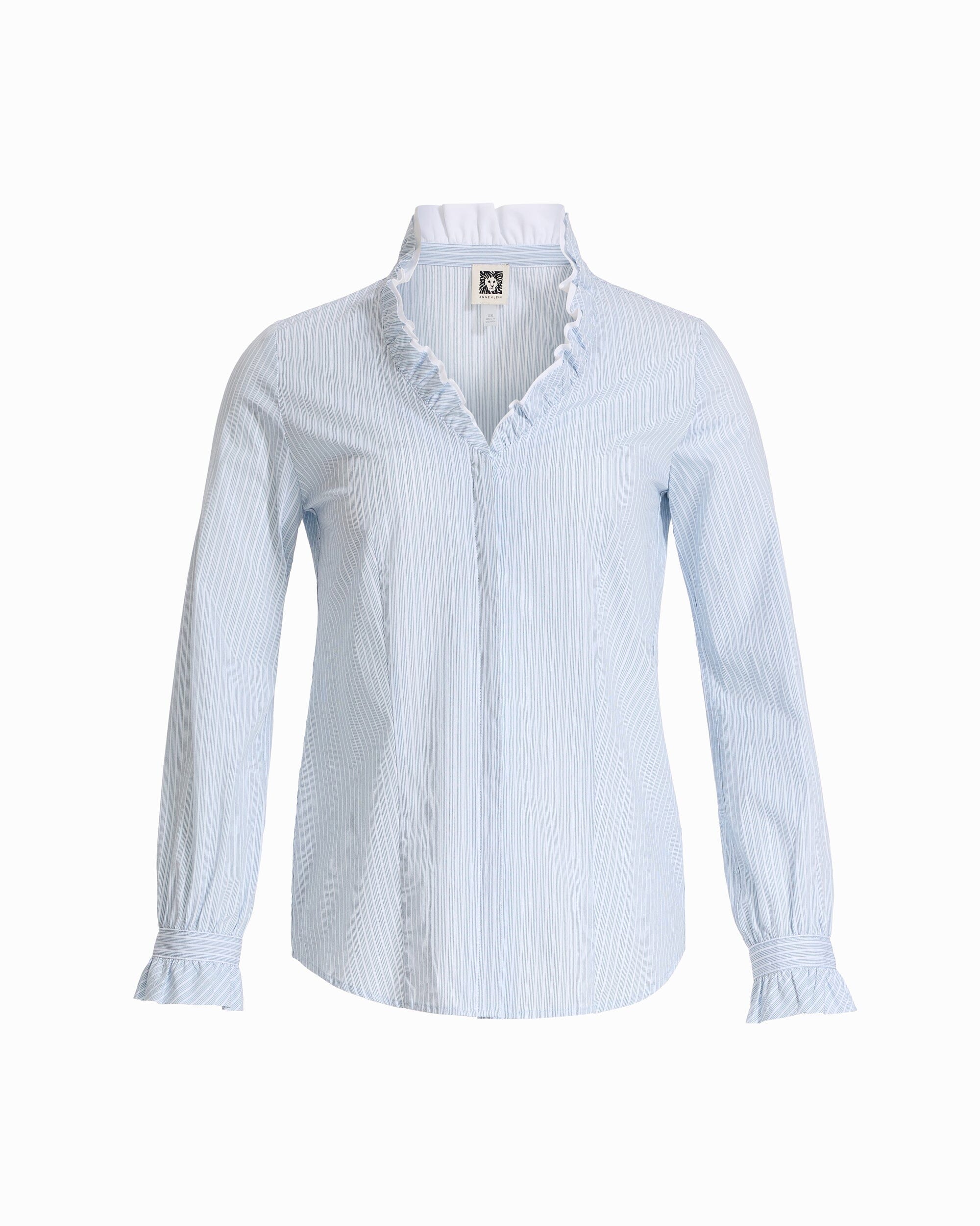 Long Sleeve Ruffle Button-Front and Cuff Shirt - Anne Klein BLUE WASH MULTI