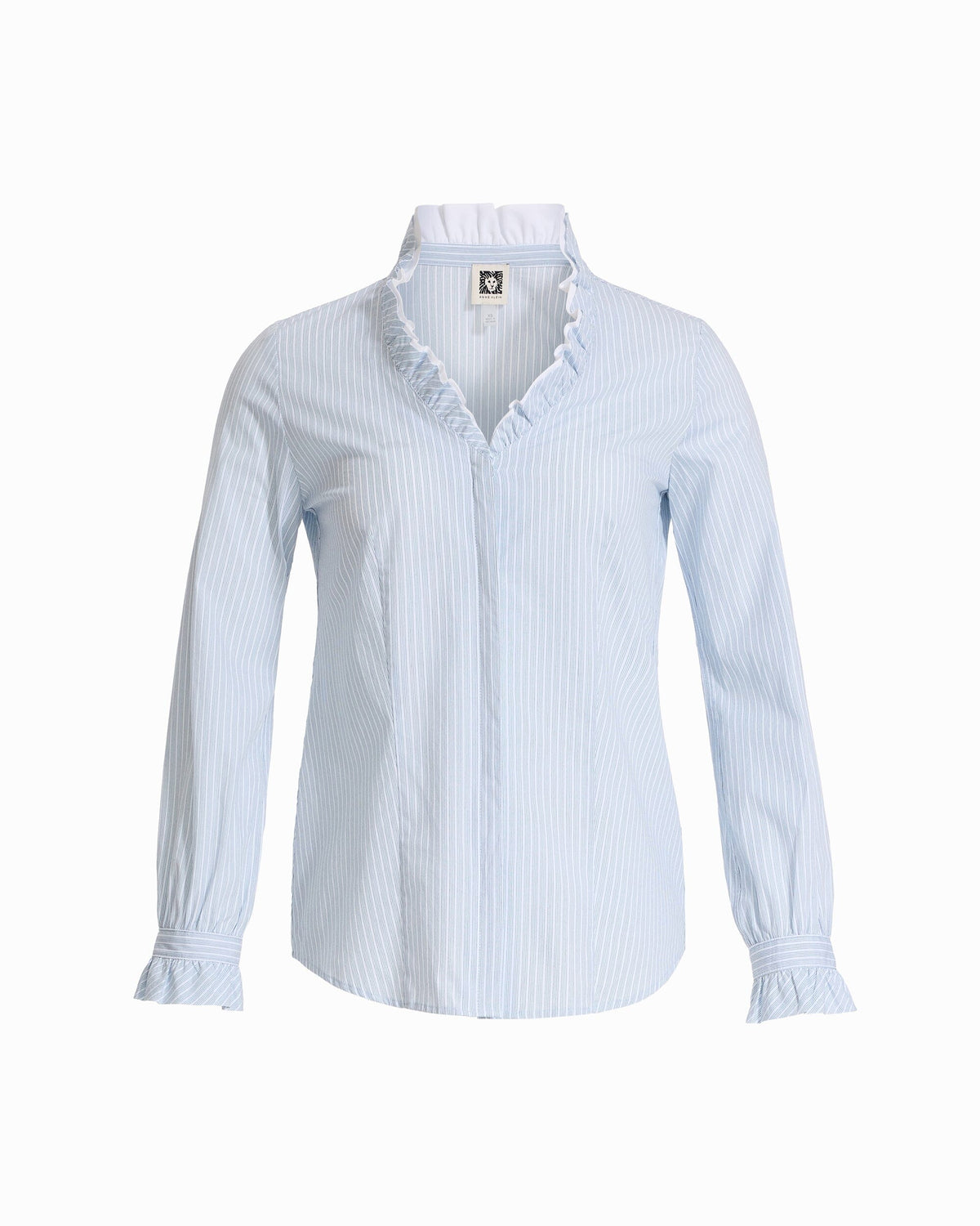 Long Sleeve Ruffle Button-Front and Cuff Shirt - Anne Klein BLUE WASH MULTI