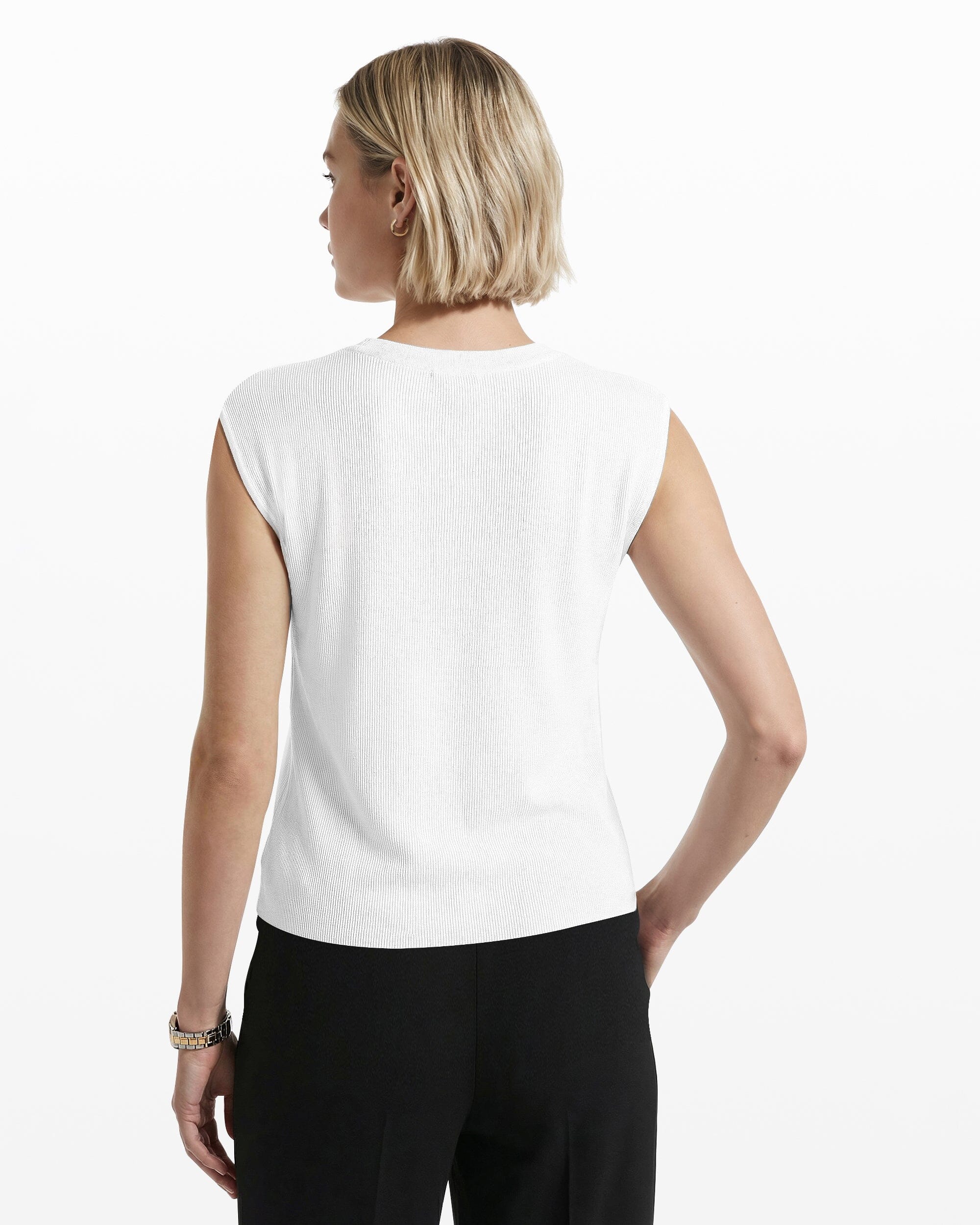 Round V-Neck Full Needle Tank Top - Anne Klein CRISP WHITE
