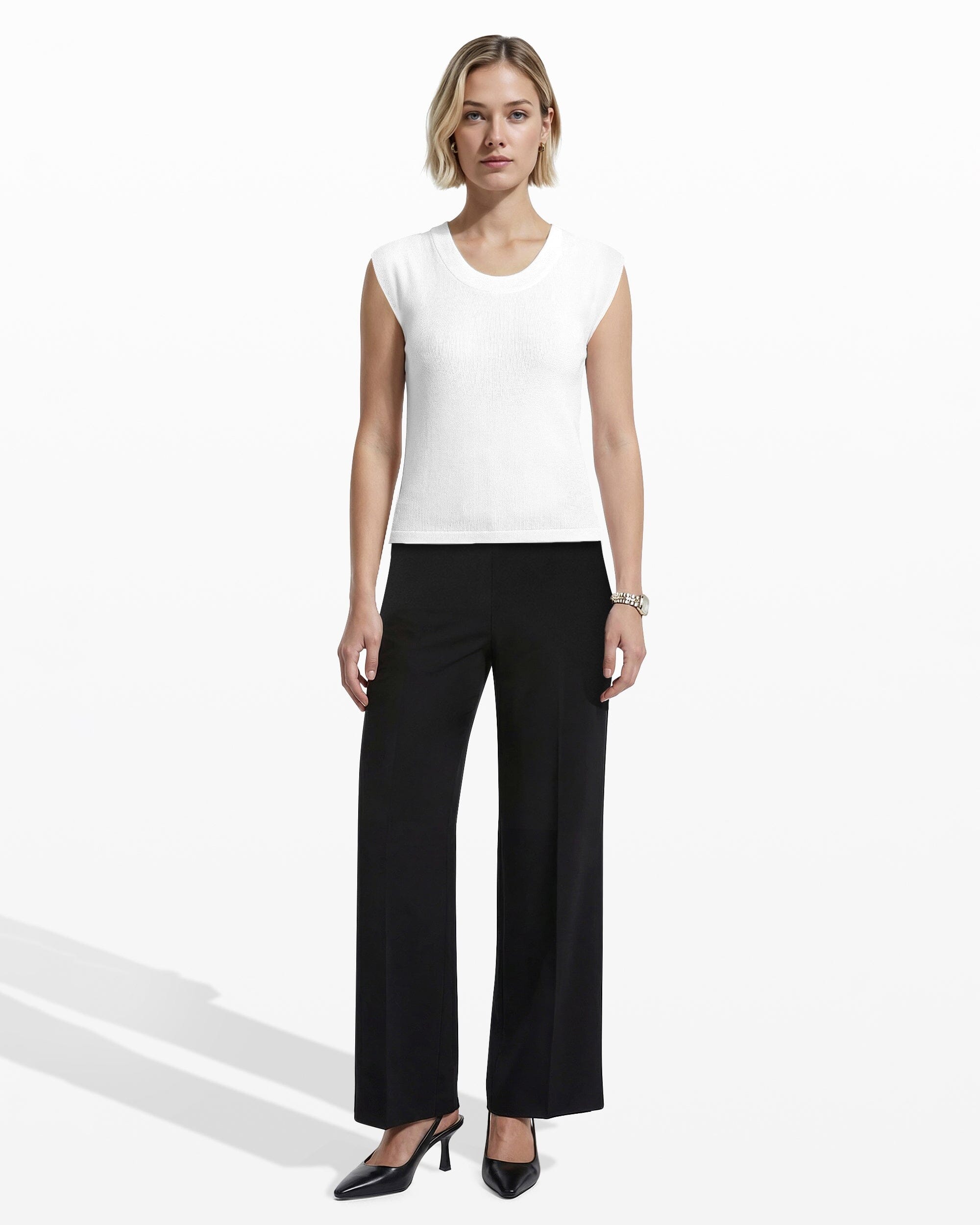 Round V-Neck Full Needle Tank Top - Anne Klein CRISP WHITE