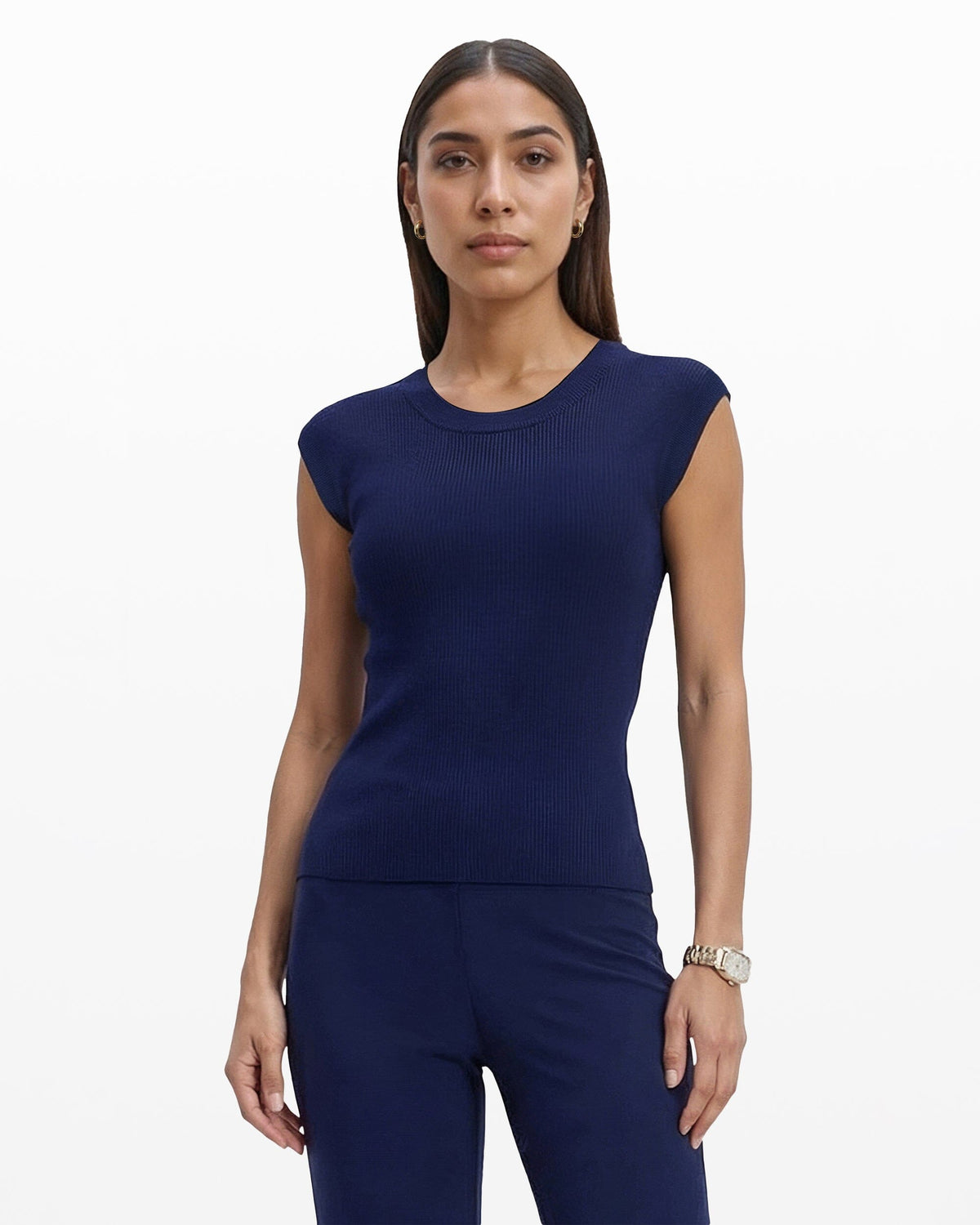 Round V-Neck Full Needle Tank Top - Anne Klein DISTANT MOUNTAIN