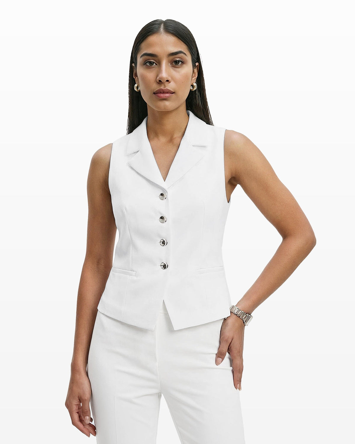 Notch Collar Vest with Welt Pockets - Anne Klein CRISP WHITE