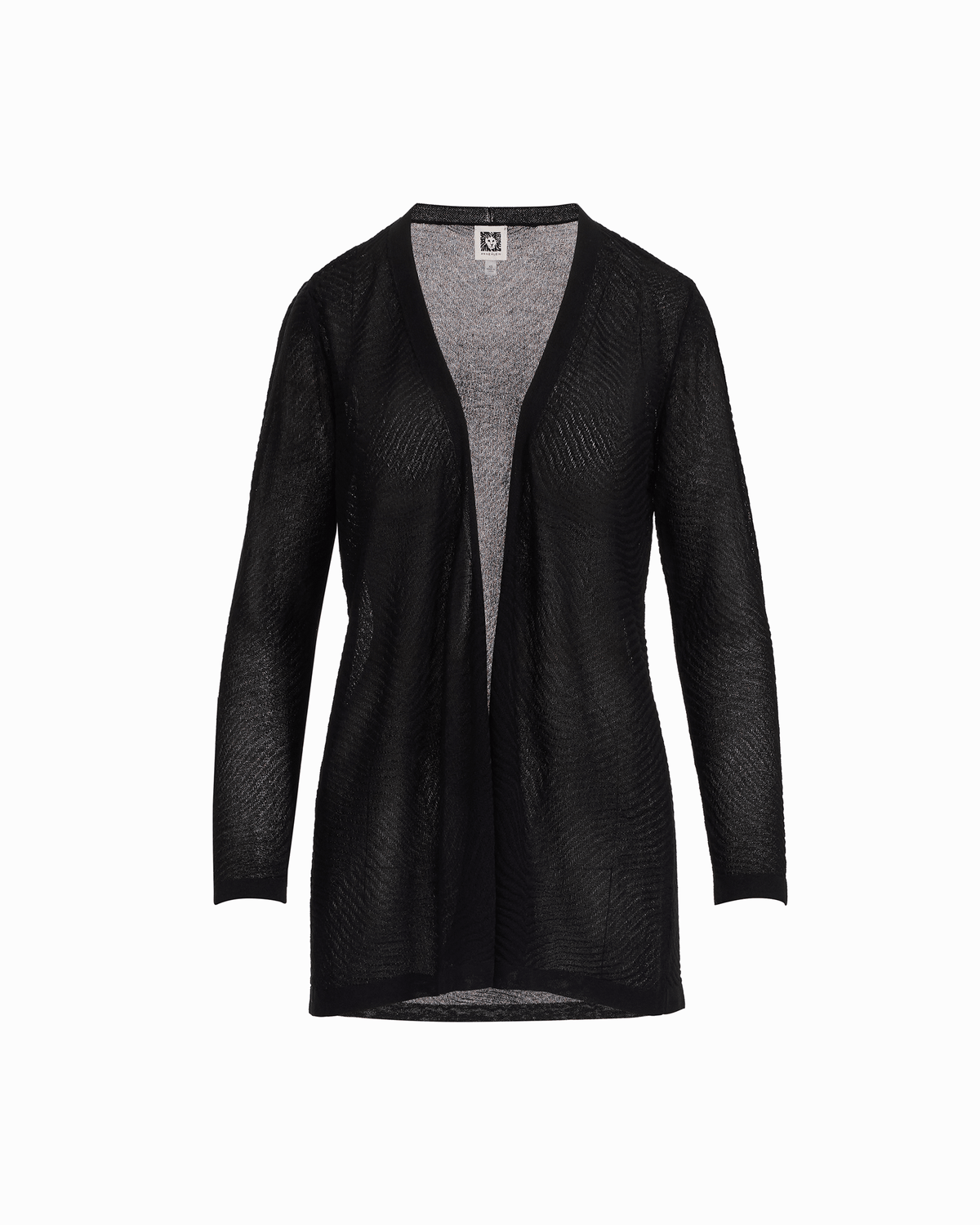 Plus Size Sheer Textured Stitch Long Open Front Cardigan in ANNE BLACK - Anne Klein ANNE BLACK
