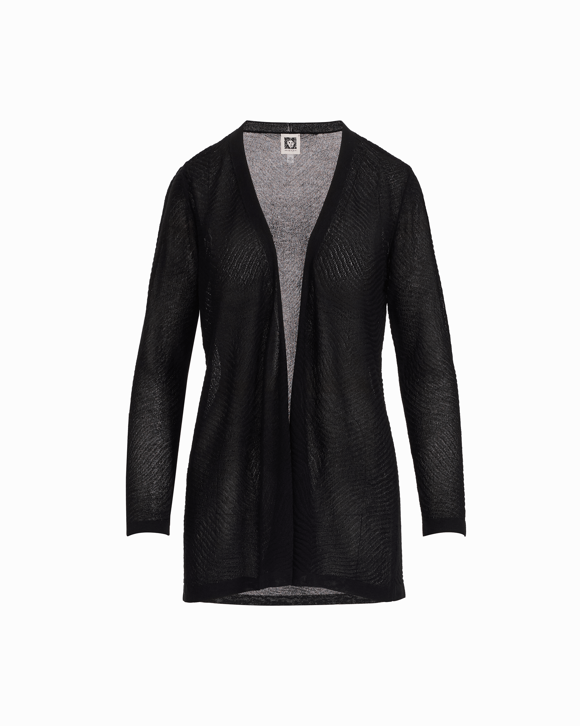 Plus Size Sheer Textured Stitch Long Open Front Cardigan in ANNE BLACK - Anne Klein ANNE BLACK