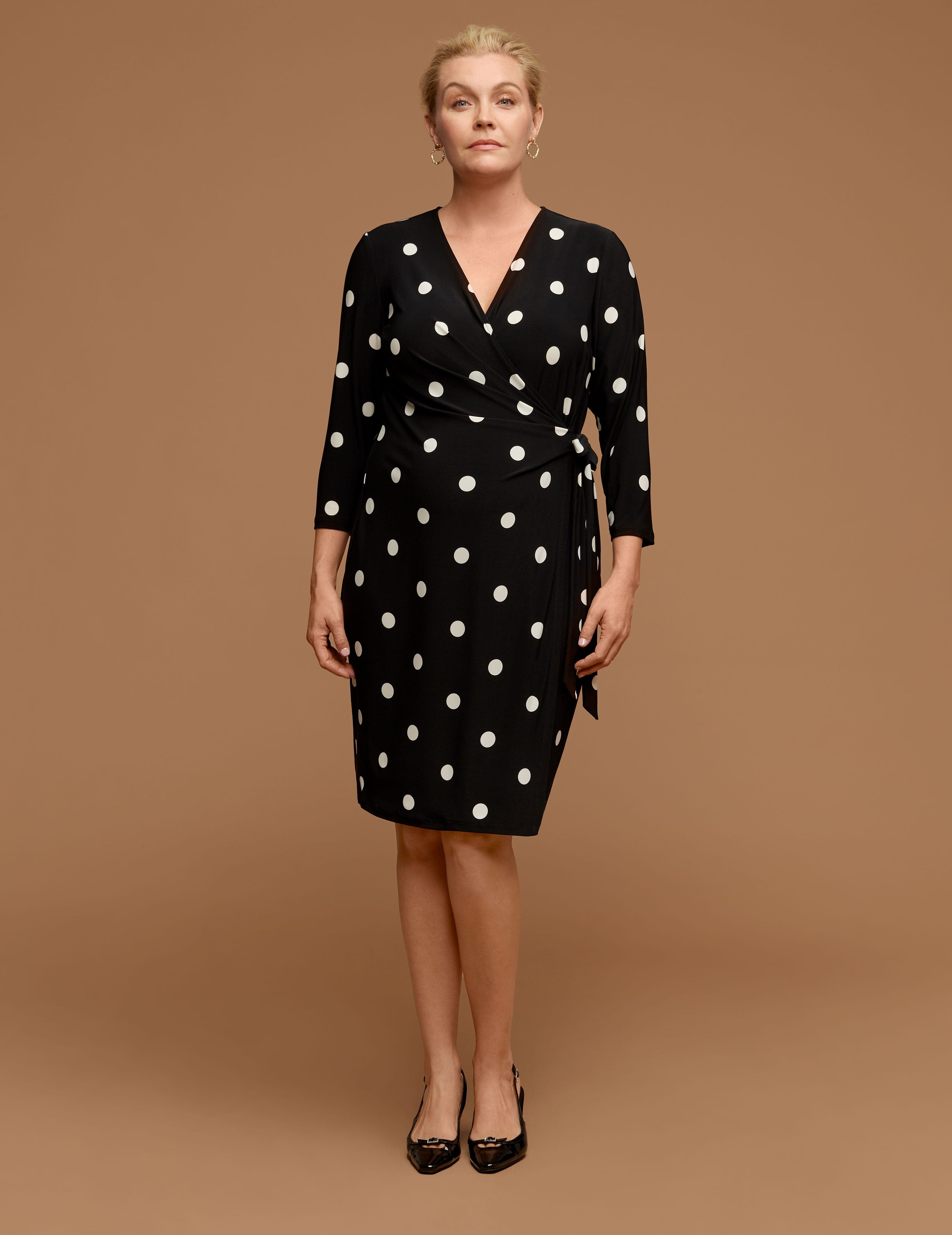 Plus Size Polka Dot Faux Wrap Dress - Anne Klein Anne White/Anne Black