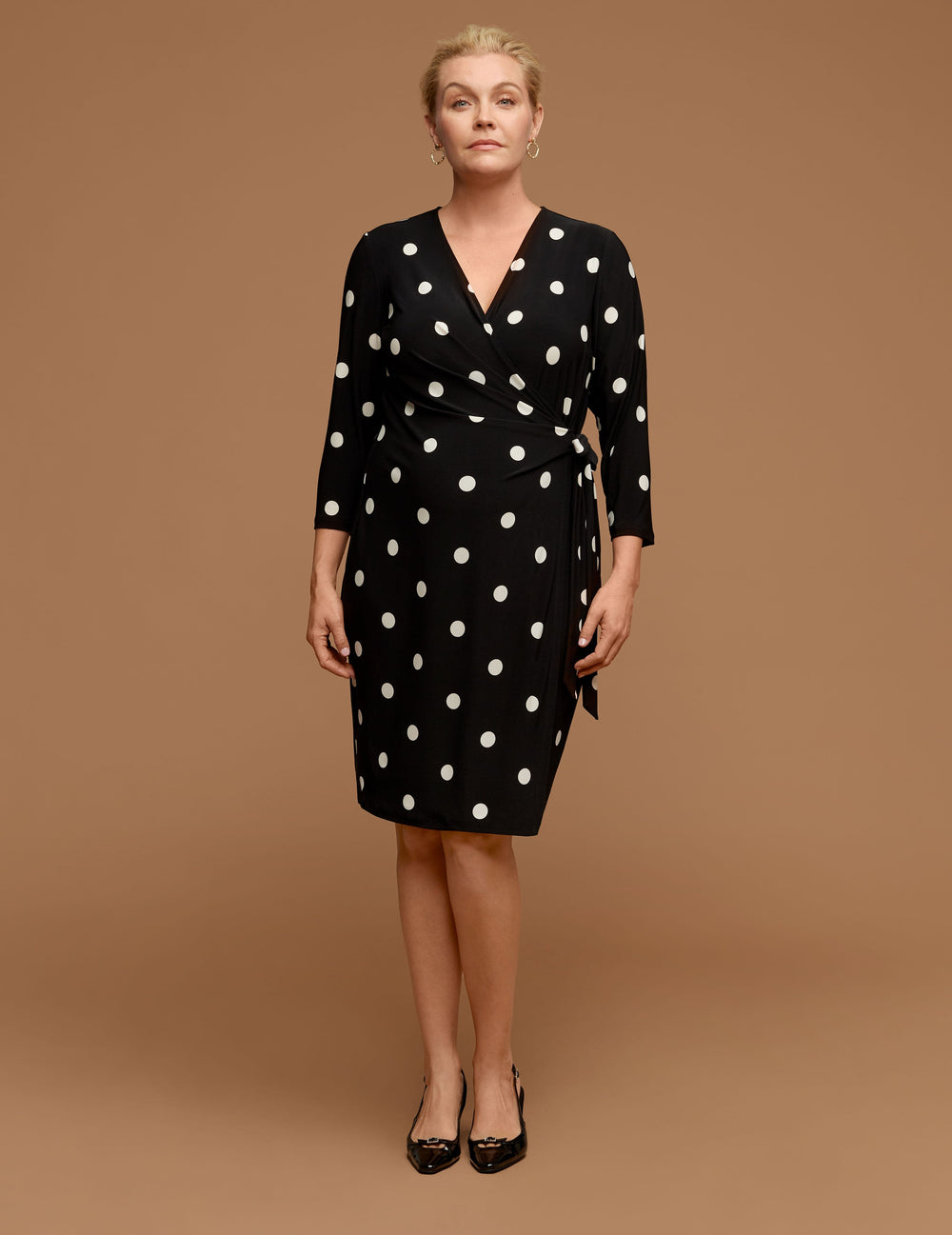 Plus Size Polka Dot Faux Wrap Dress - Anne Klein Anne White/Anne Black