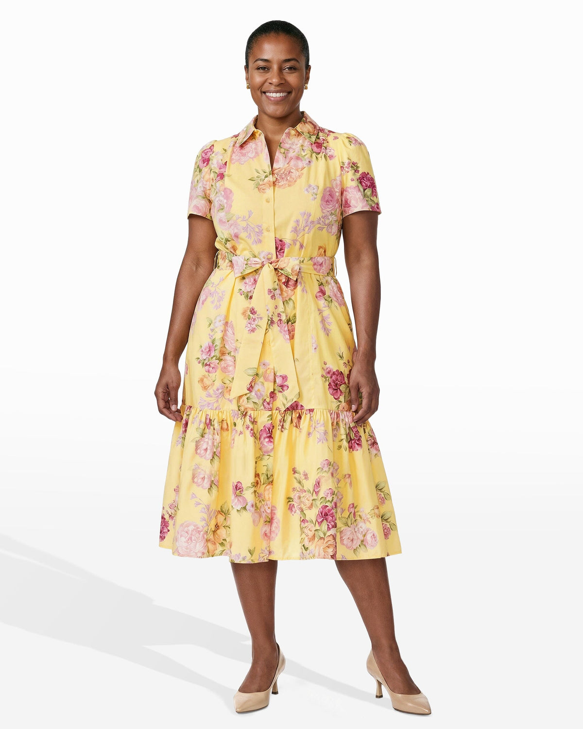 Short Sleeve Tiered Shirt Dress - Anne Klein DAFFODIL MULTI