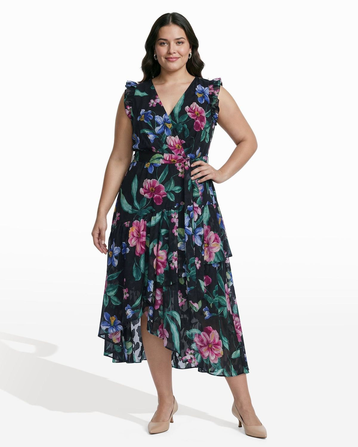 High-Low Hem Wrap Dress with Ruffle Sleeves - Anne Klein ANNE BLACK MULTI
