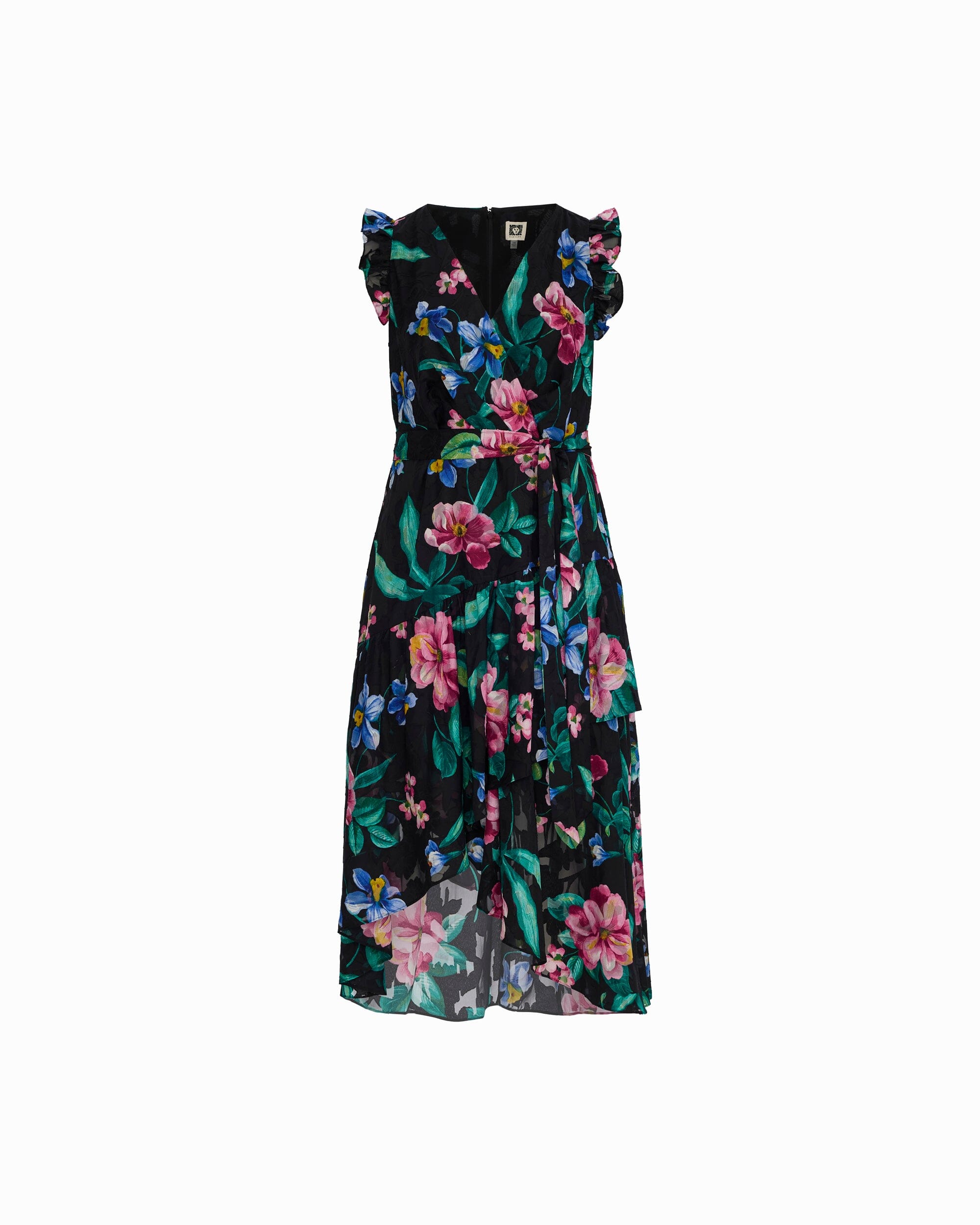 High-Low Hem Wrap Dress with Ruffle Sleeves - Anne Klein ANNE BLACK MULTI