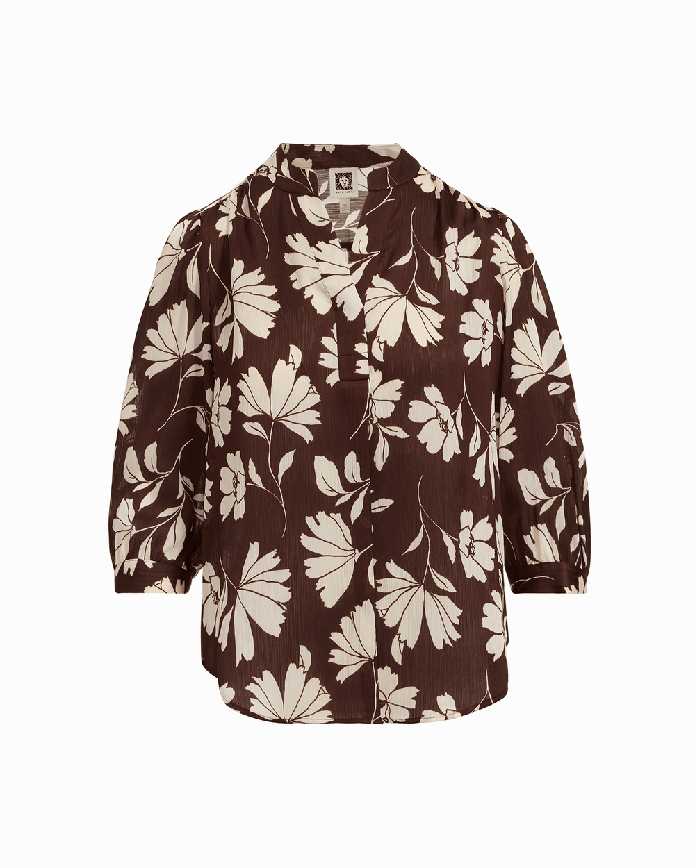 Y-Neck Blouse with Three-Quarter Sleeves in DK CHOC / WHT DV | Anne Kl - Anne Klein DK CHOC/WHT DV