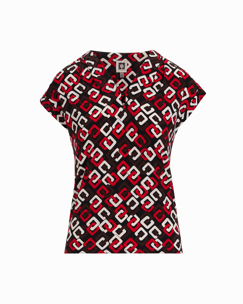 V-Neck Short Sleeve Pullover Top in BEGONIA RED MLT - Anne Klein BEGONIA RED MLT