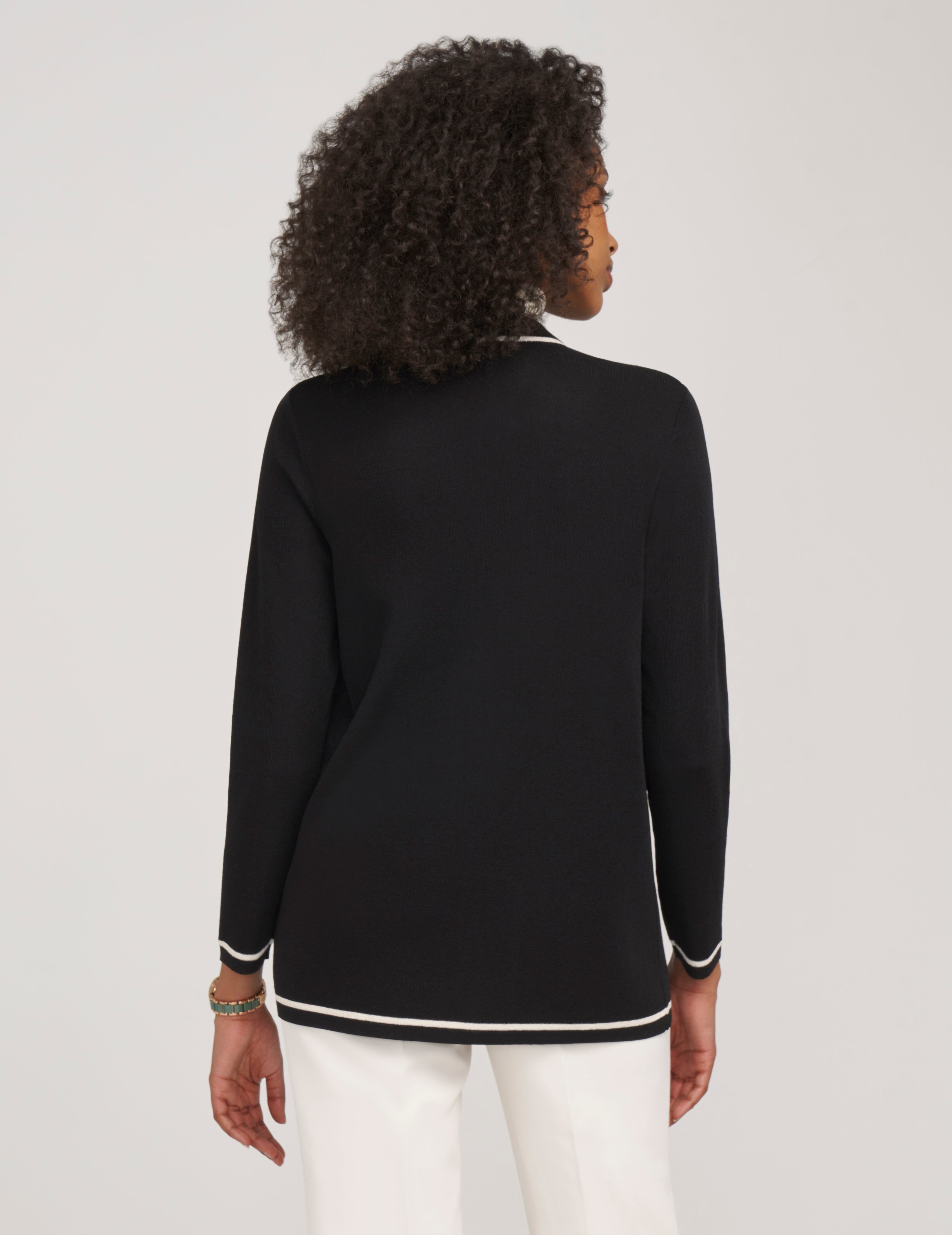 Petite Open-Front Cardigan with Contrast Tipping - Anne Klein Anne Black/ Anne White