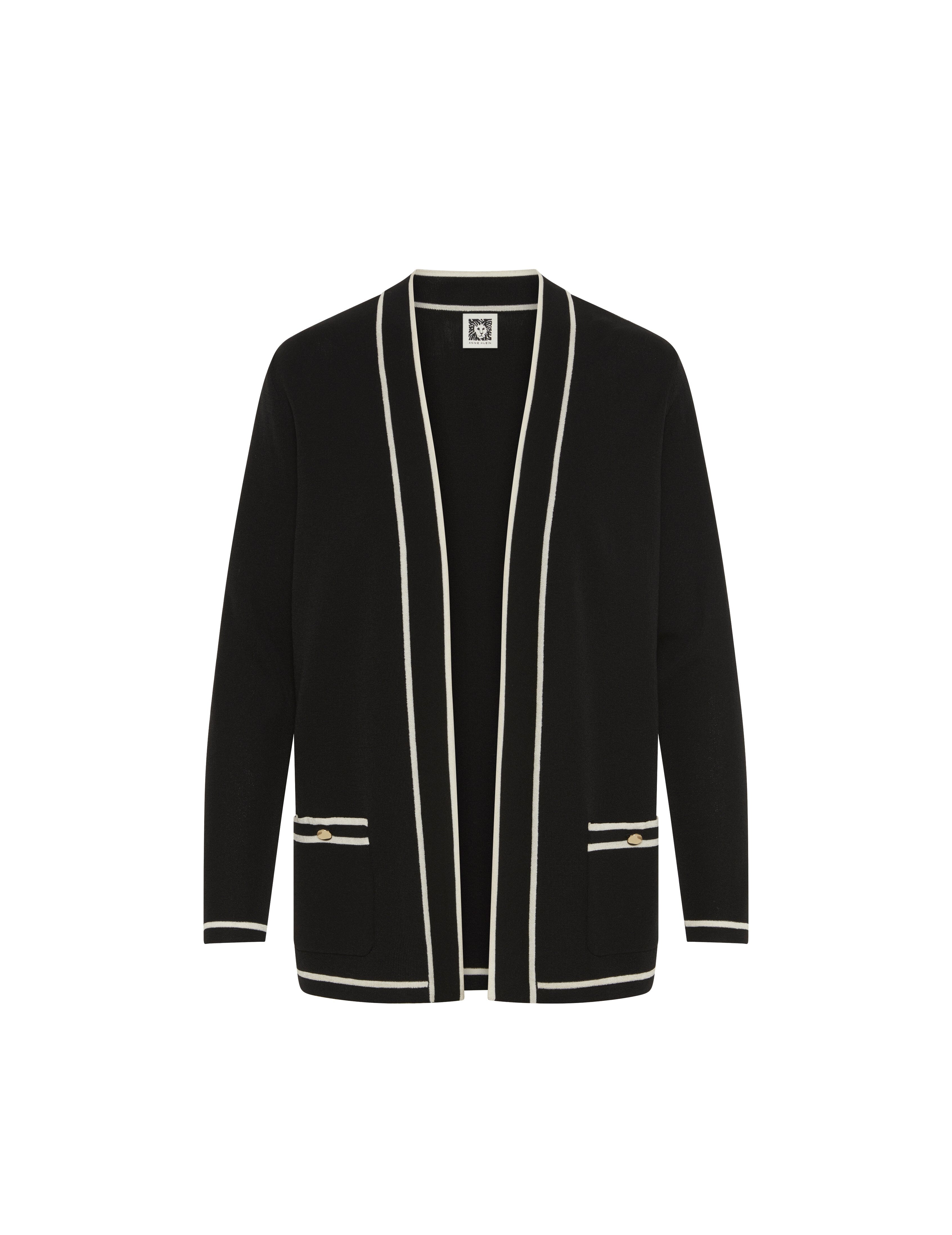Petite Open-Front Cardigan with Contrast Tipping - Anne Klein Anne Black/ Anne White