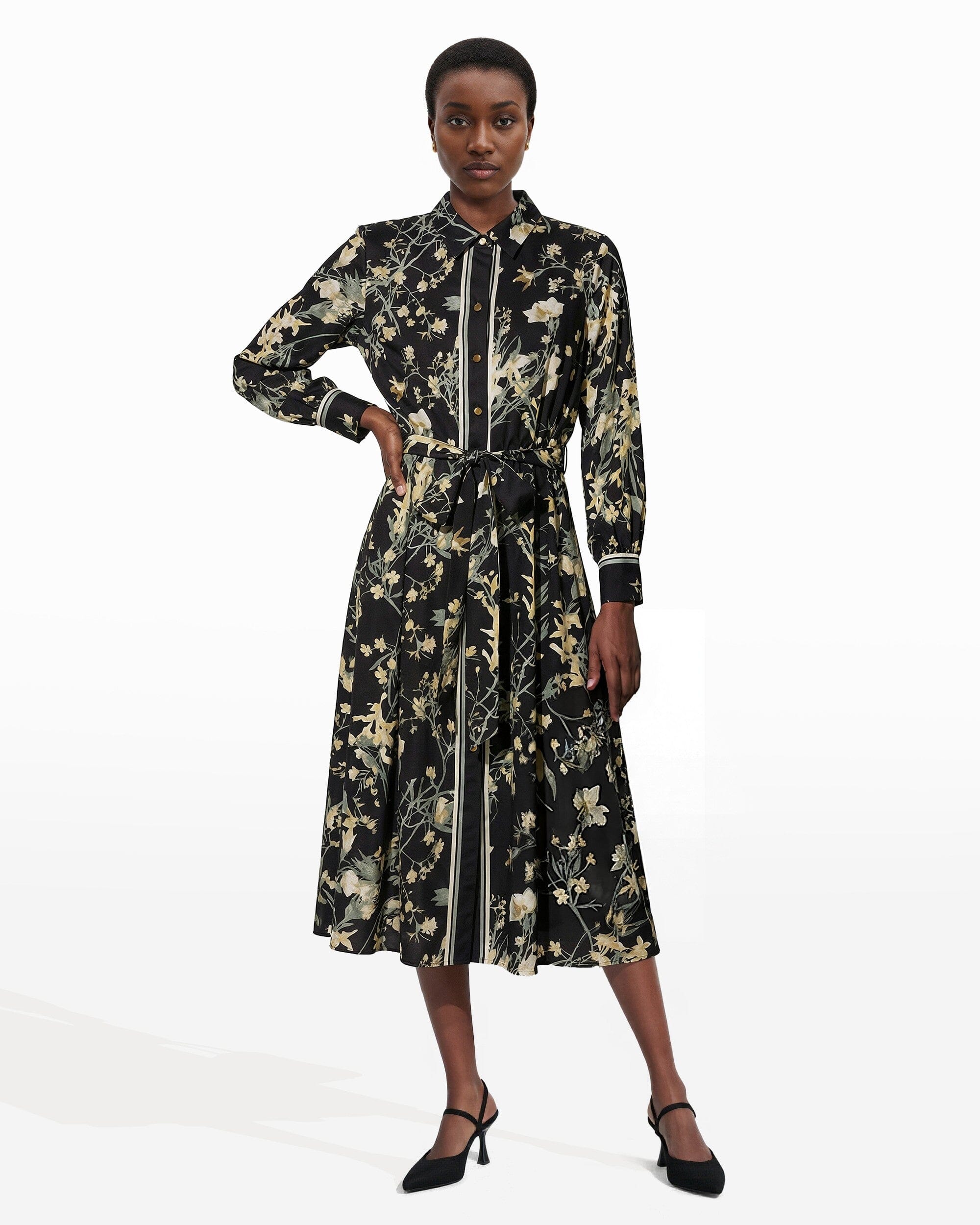 Floral Midi Shirt Dress with Tie Belt - Anne Klein Anne Black Multi