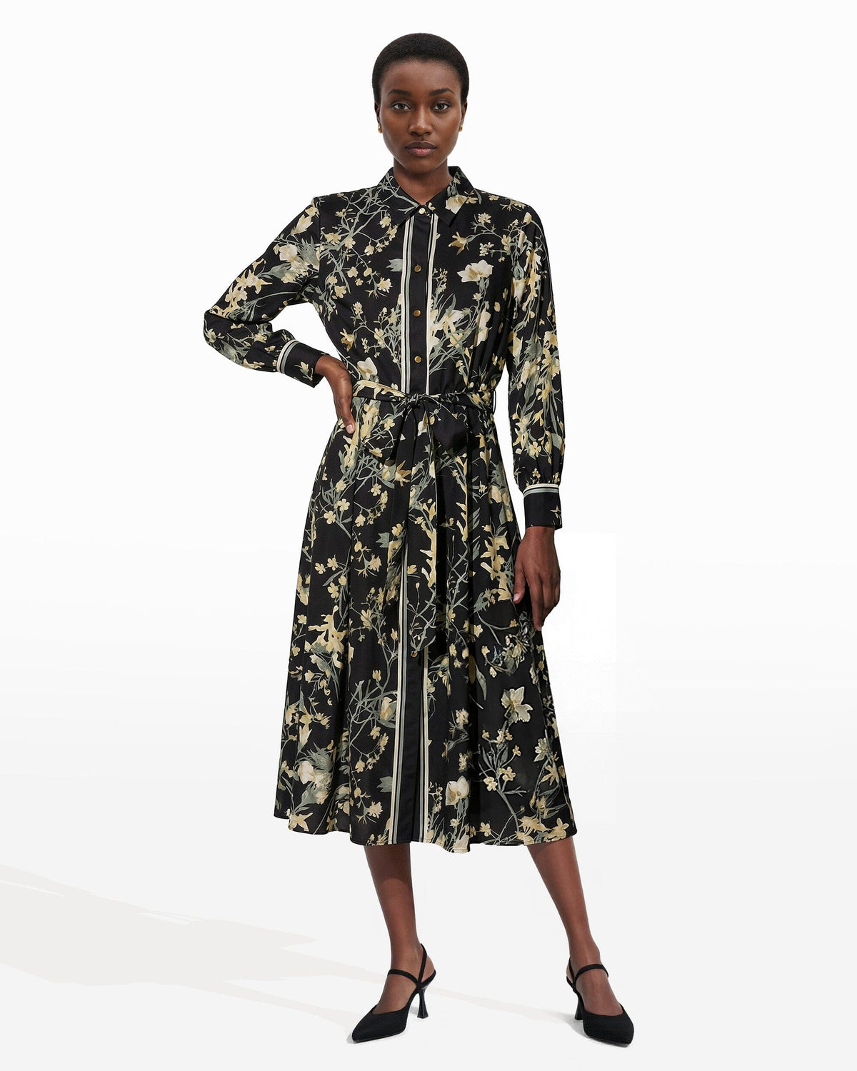 Floral Midi Shirt Dress with Tie Belt - Anne Klein Anne Black Multi