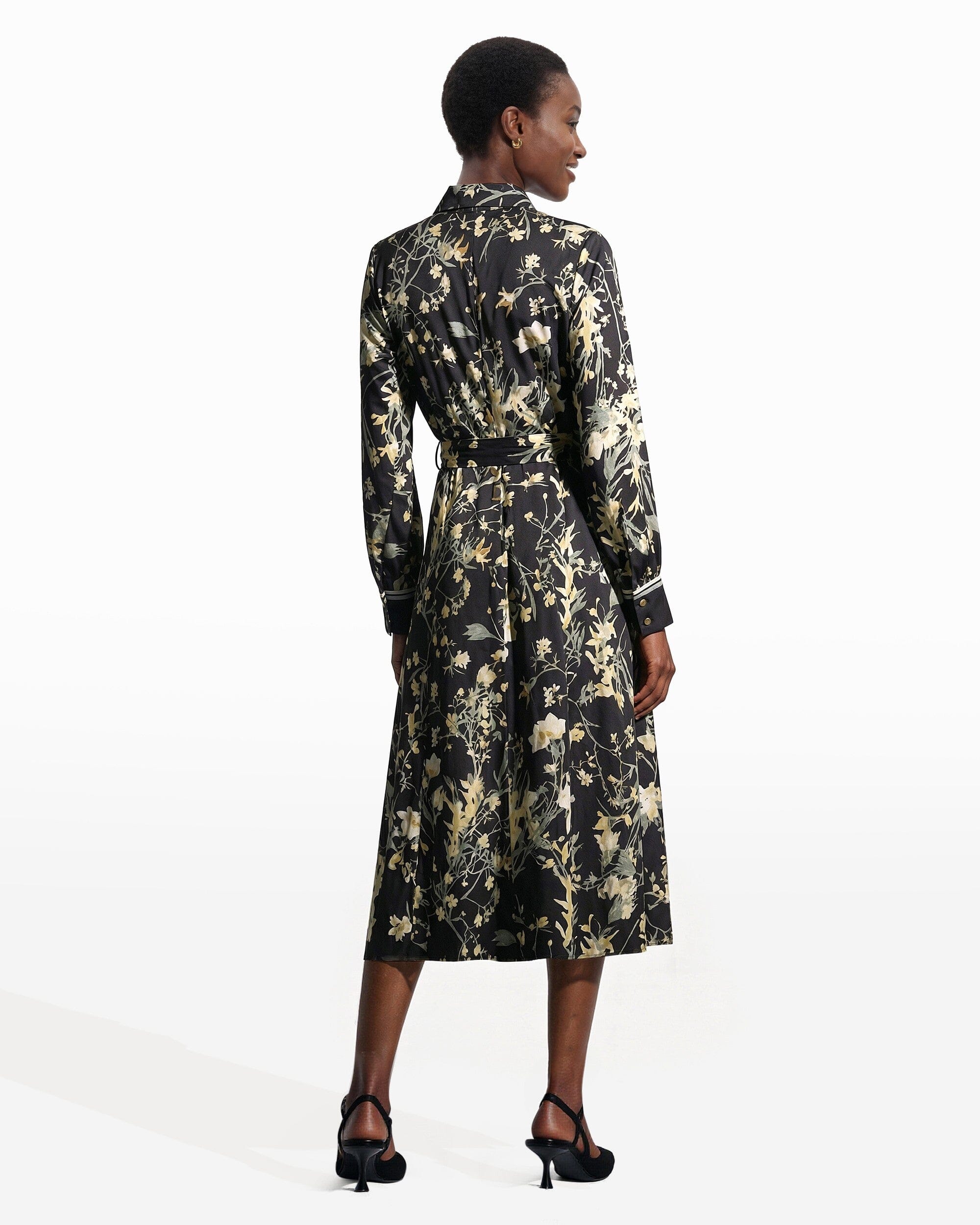 Floral Midi Shirt Dress with Tie Belt - Anne Klein Anne Black Multi