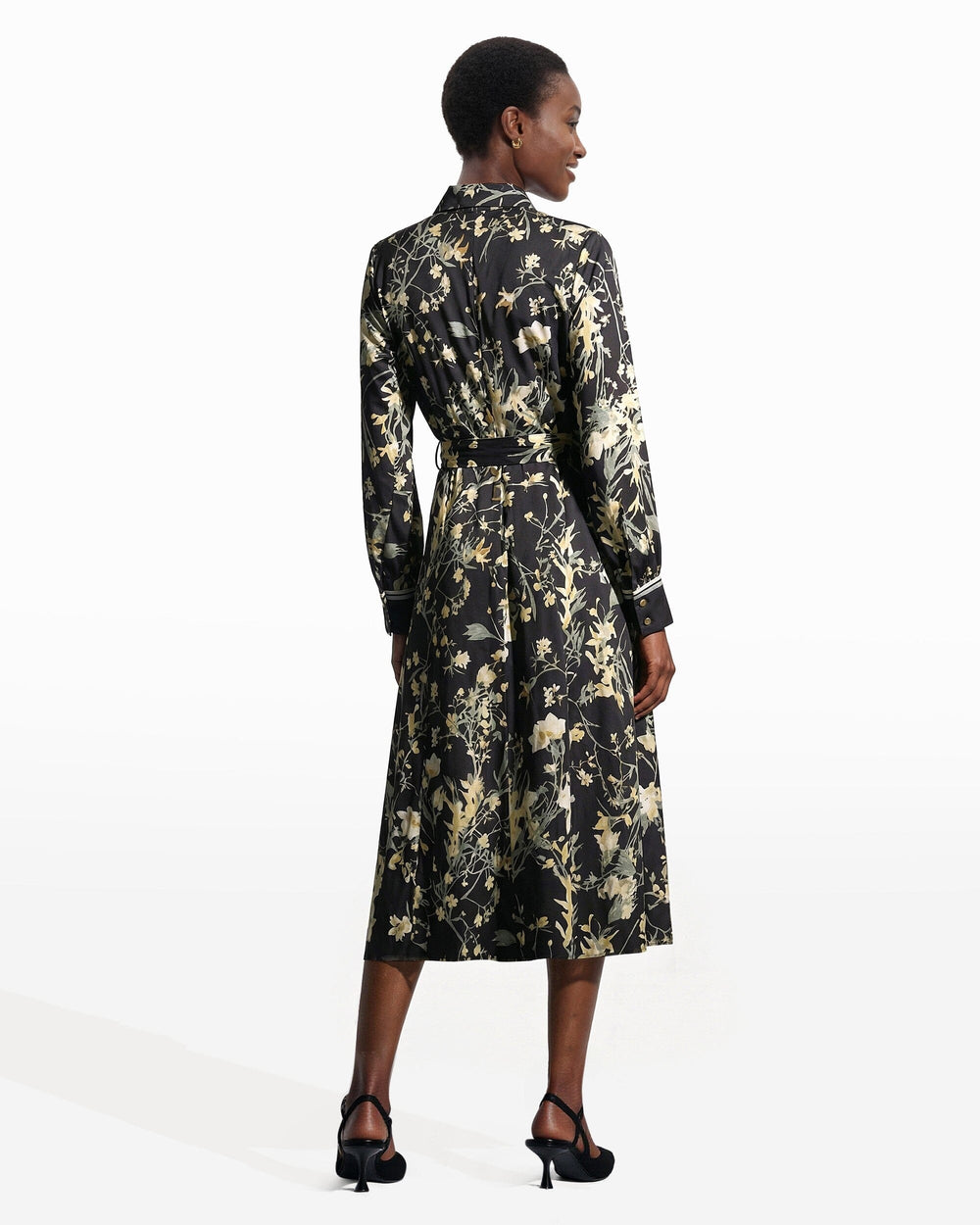 Floral Midi Shirt Dress with Tie Belt - Anne Klein Anne Black Multi