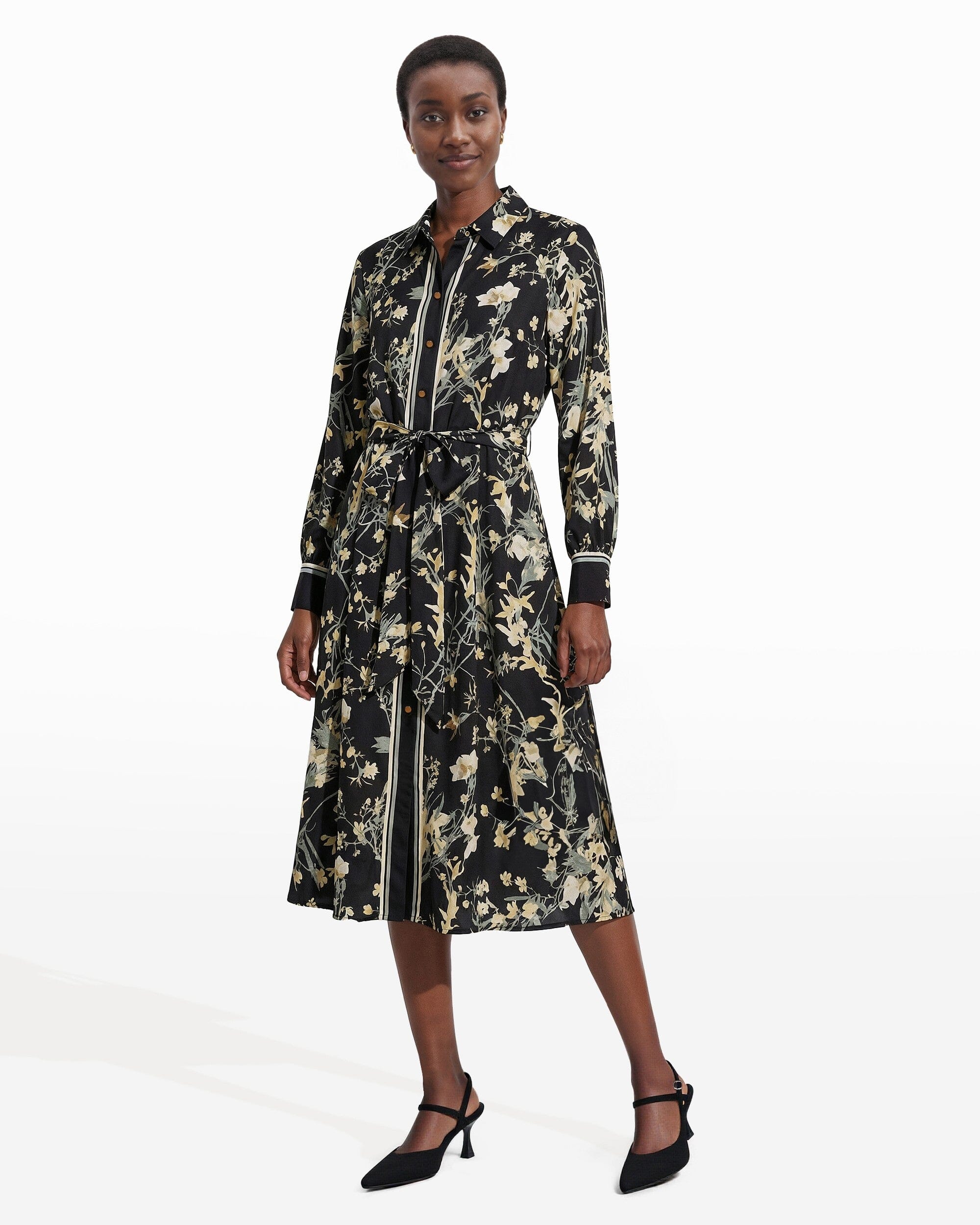 Floral Midi Shirt Dress with Tie Belt - Anne Klein Anne Black Multi