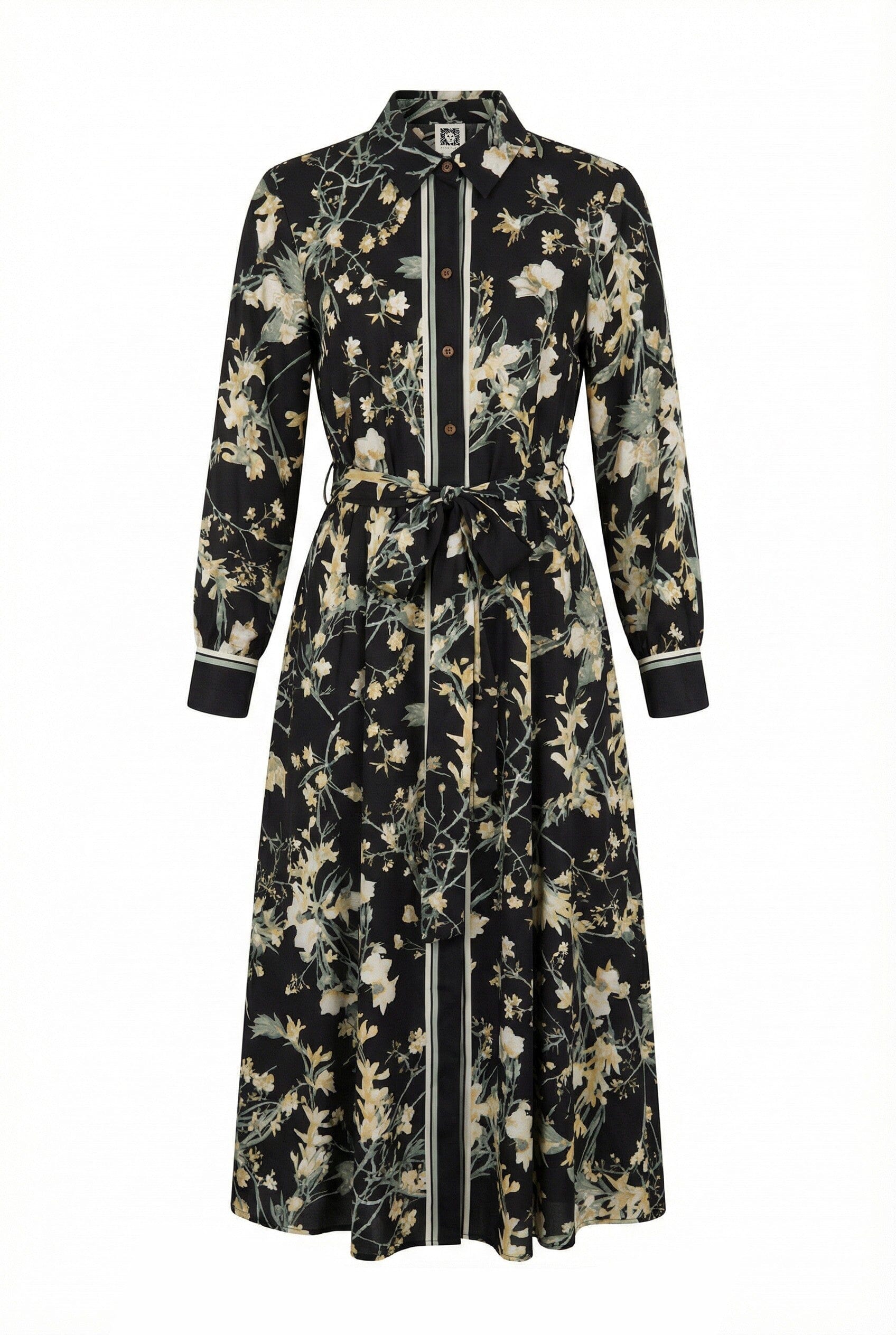 Floral Midi Shirt Dress with Tie Belt - Anne Klein Anne Black Multi