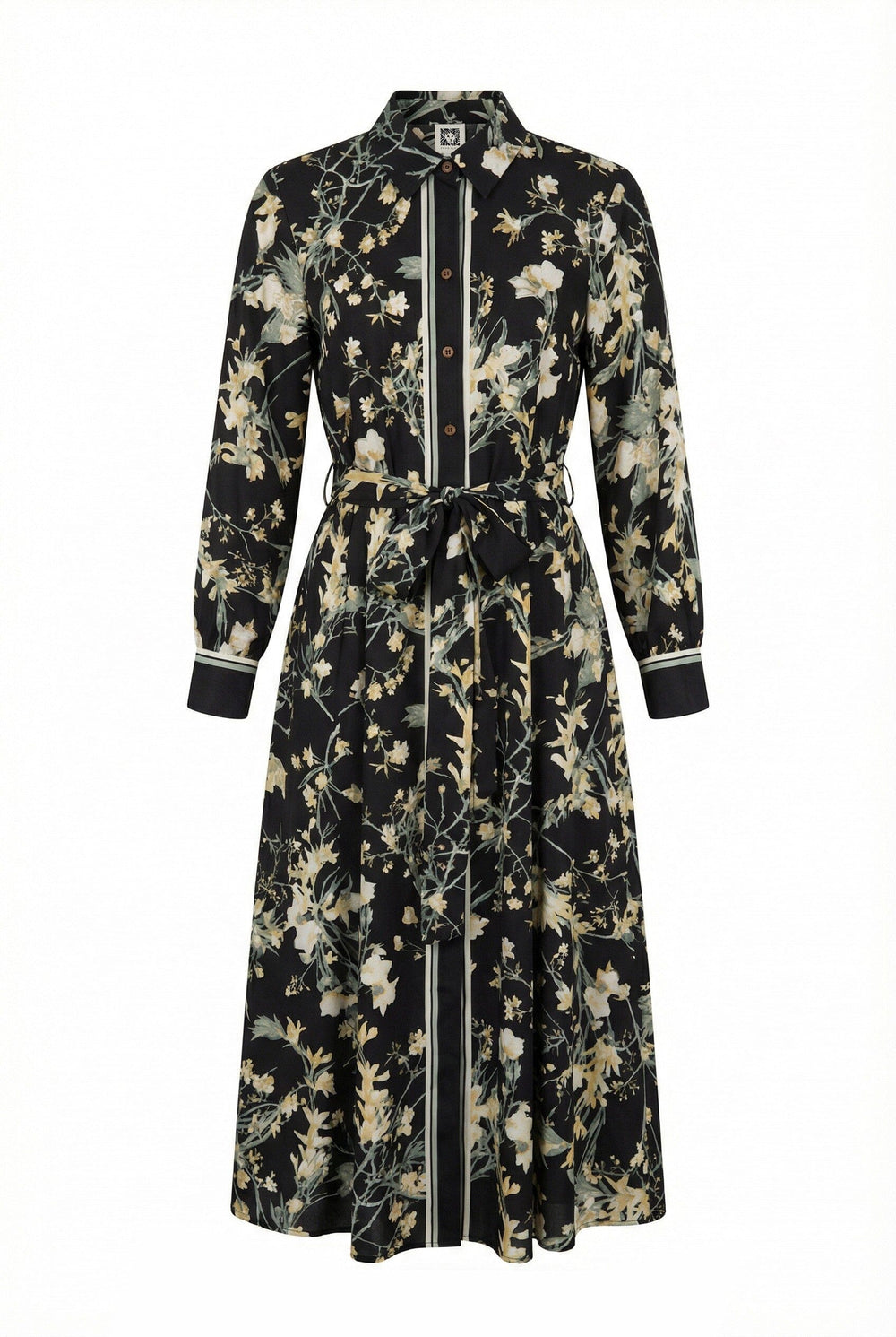 Floral Midi Shirt Dress with Tie Belt - Anne Klein Anne Black Multi