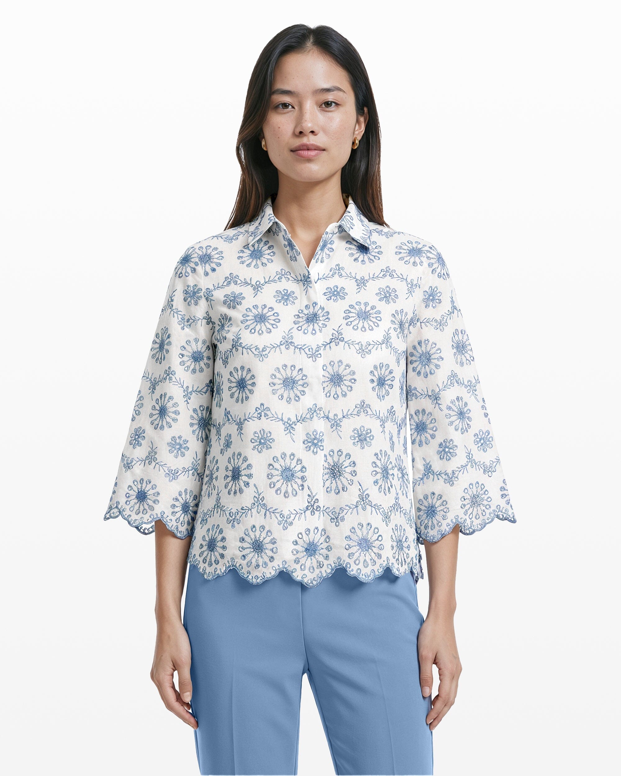 Button Front Shirt with Scallop Hem - Anne Klein CRISP WHT/LAGN