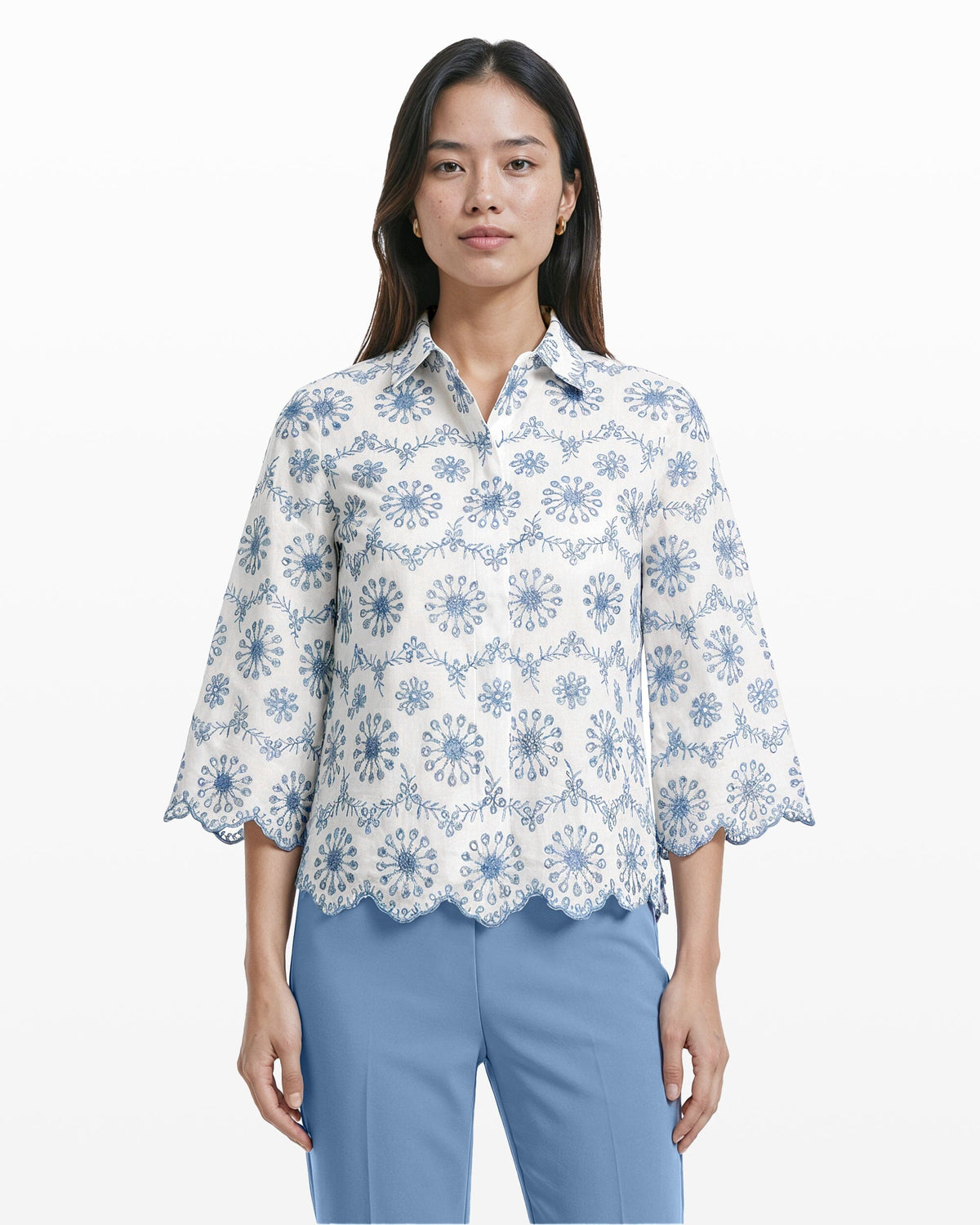 Button Front Shirt with Scallop Hem - Anne Klein CRISP WHT/LAGN