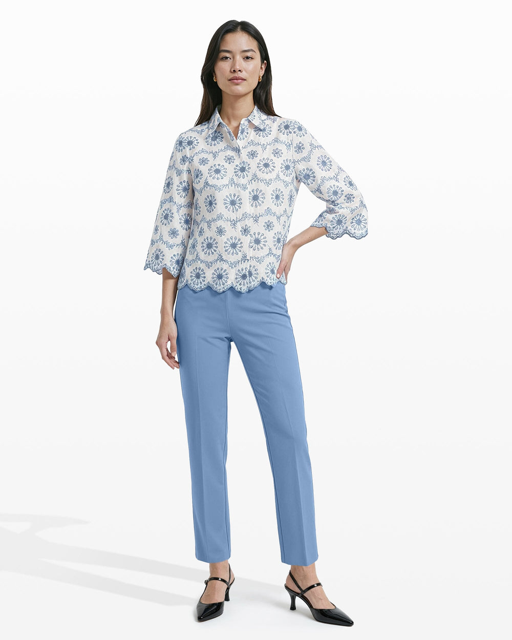 Button Front Shirt with Scallop Hem - Anne Klein CRISP WHT/LAGN
