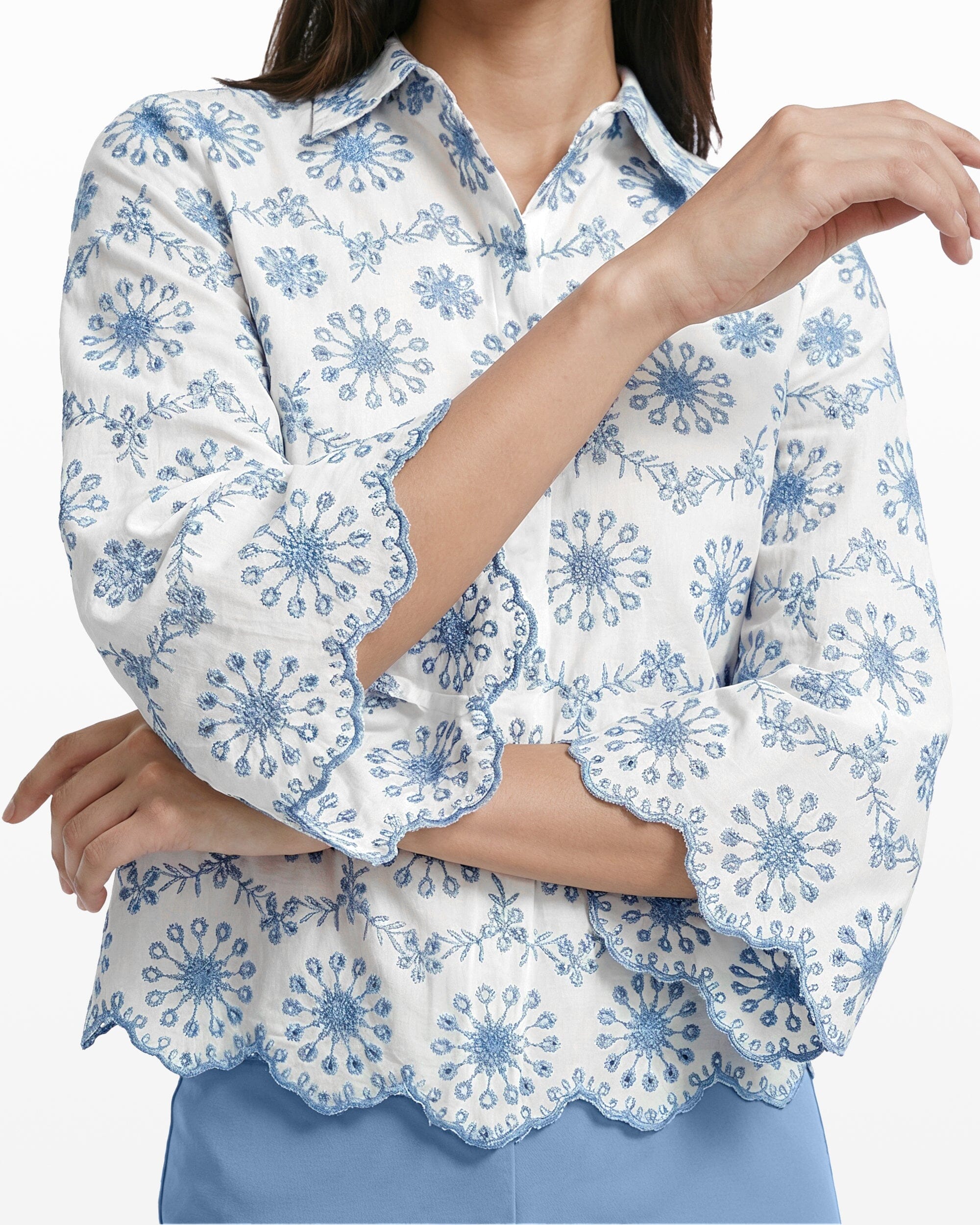 Button Front Shirt with Scallop Hem - Anne Klein CRISP WHT/LAGN