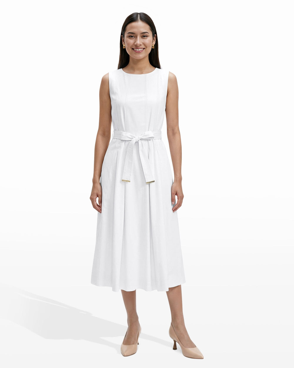 Paneled Bodice Jewel Neck Midi Dress - Anne Klein WHITE DOVE