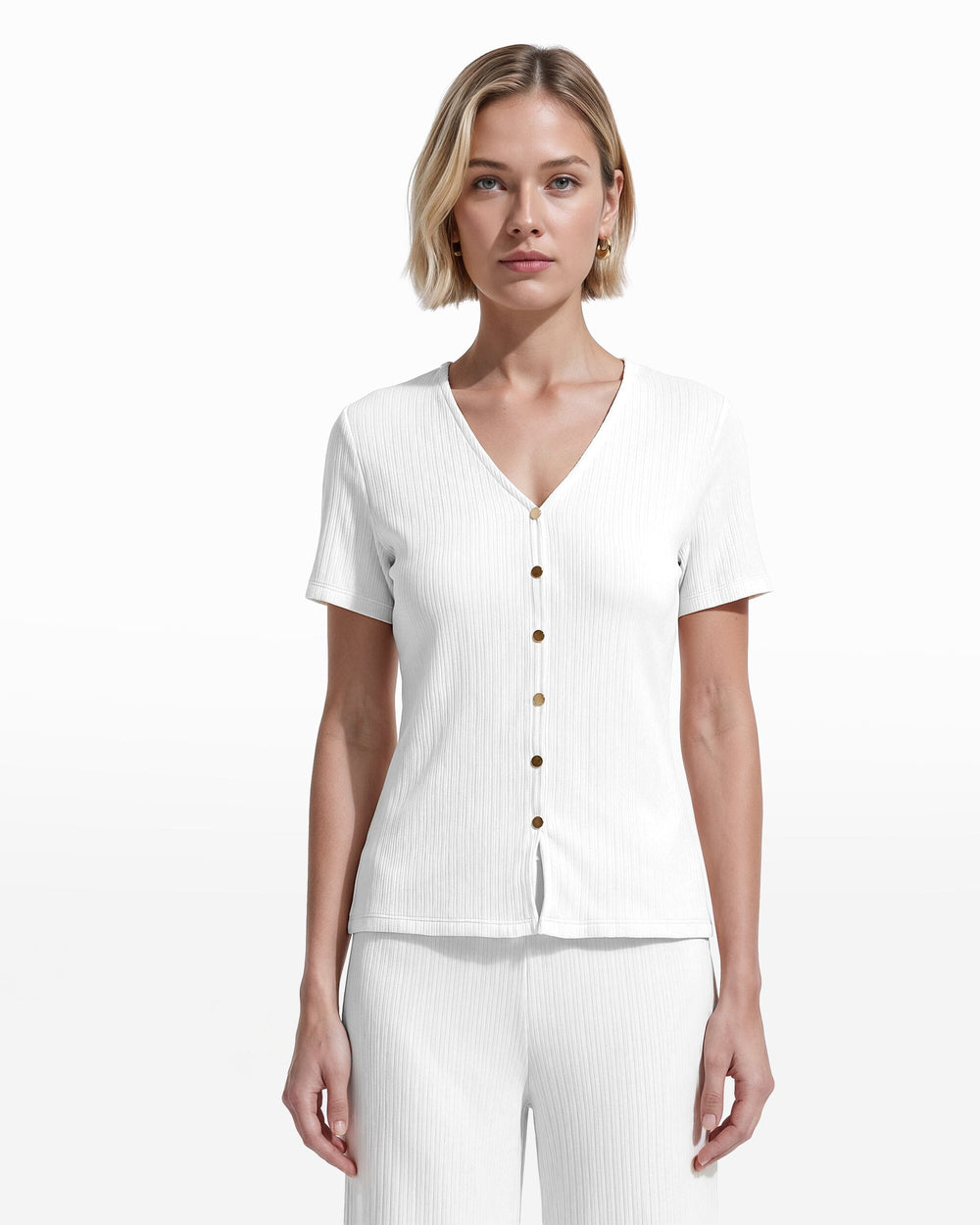 Short Sleeve V-Neck Button Loop Knit Top - Anne Klein WHITE DOVE