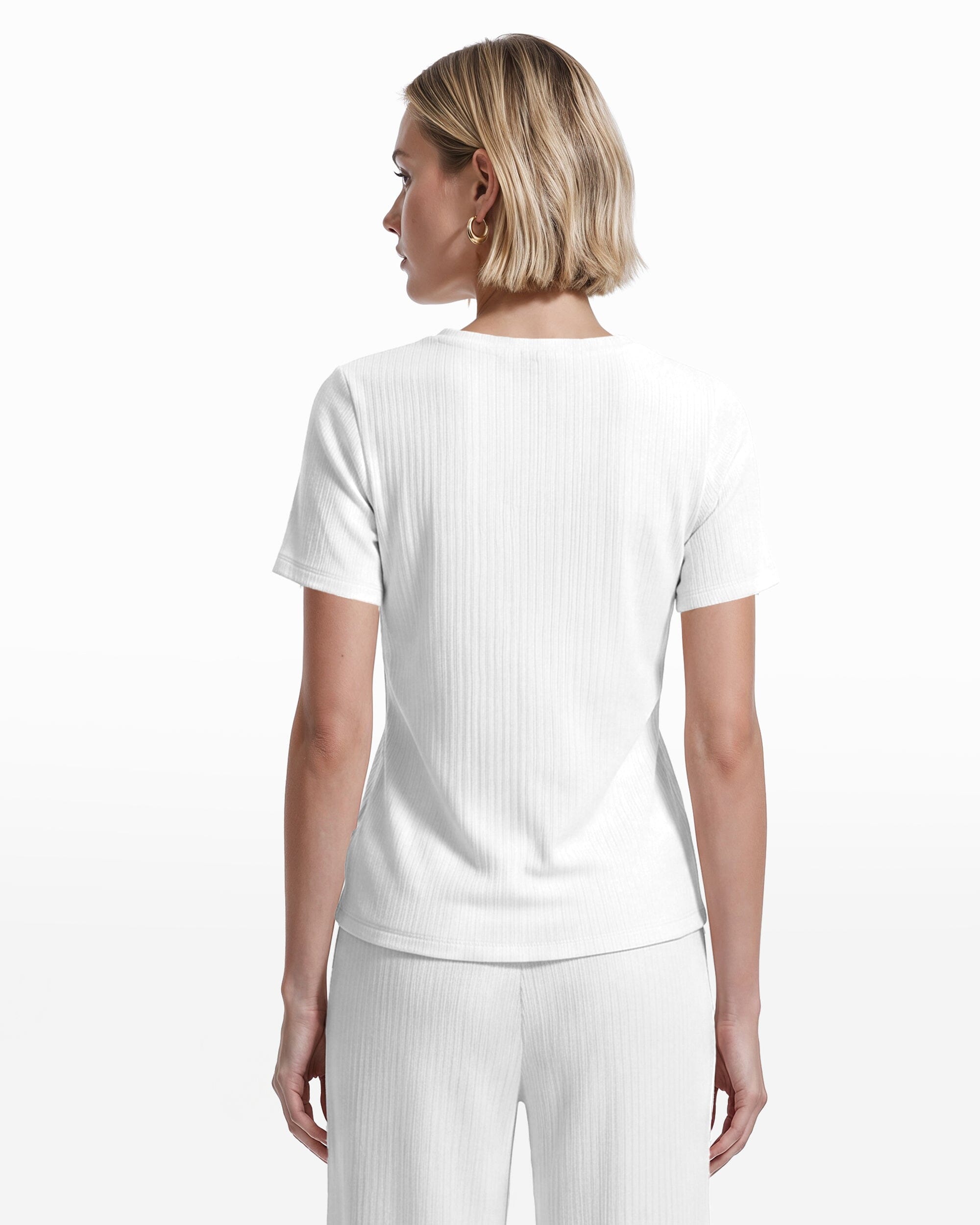 Short Sleeve V-Neck Button Loop Knit Top - Anne Klein WHITE DOVE